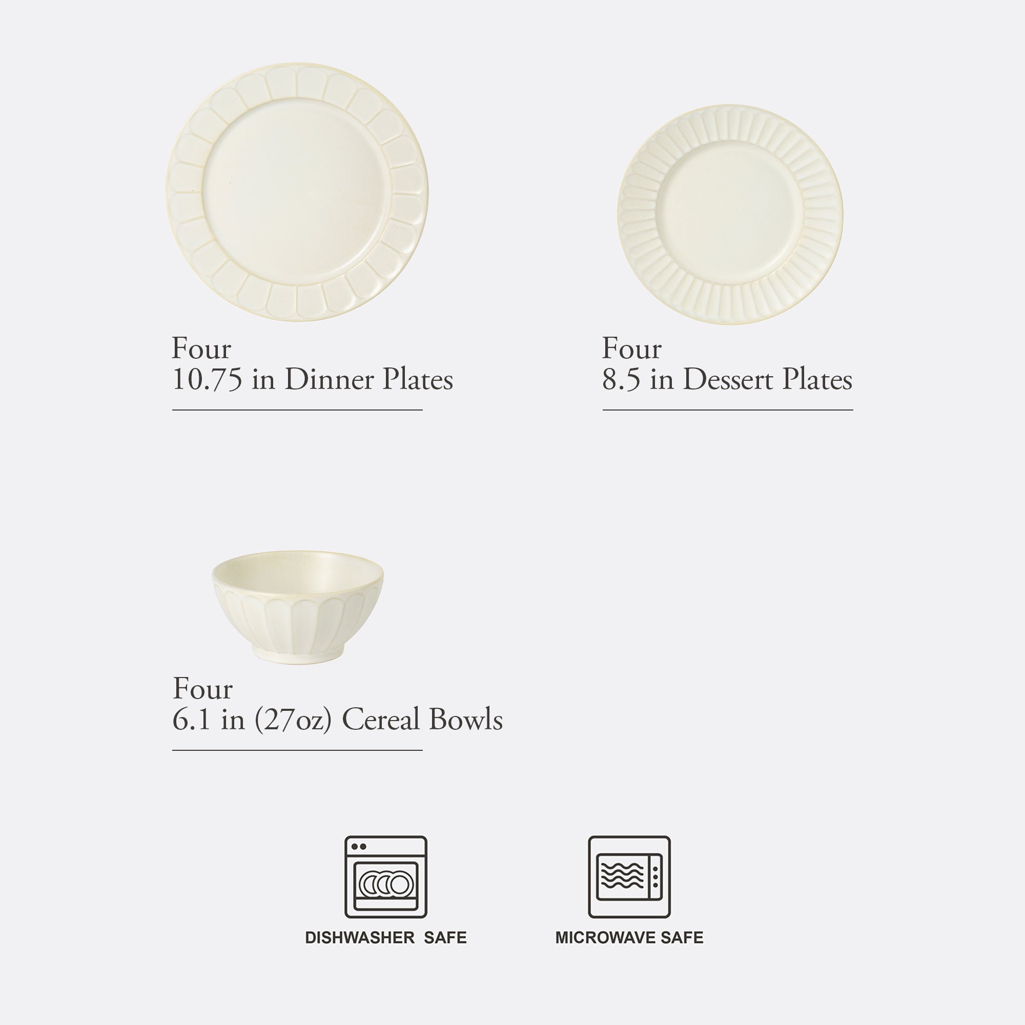 Gibson Elite Winchester Way 12-Piece Embossed Stoneware Dinnerware Set – Reactive Matte Glaze, Durable Lightweight-Tech Plates & Bowls, Everyday Dish Set, Microwave & Dishwasher Safe – Off-White