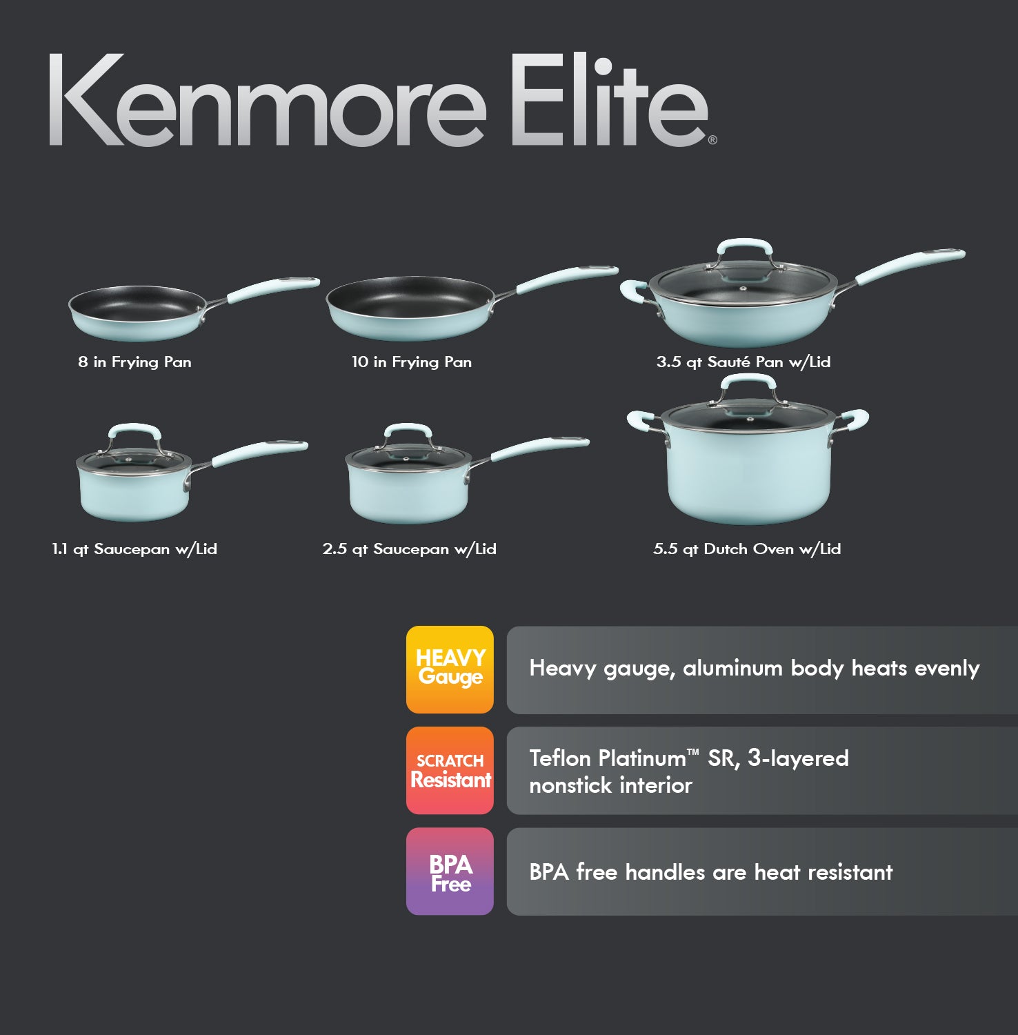 Kenmore Andover 10-Piece Forged Aluminum Cookware Set - Glacier Blue