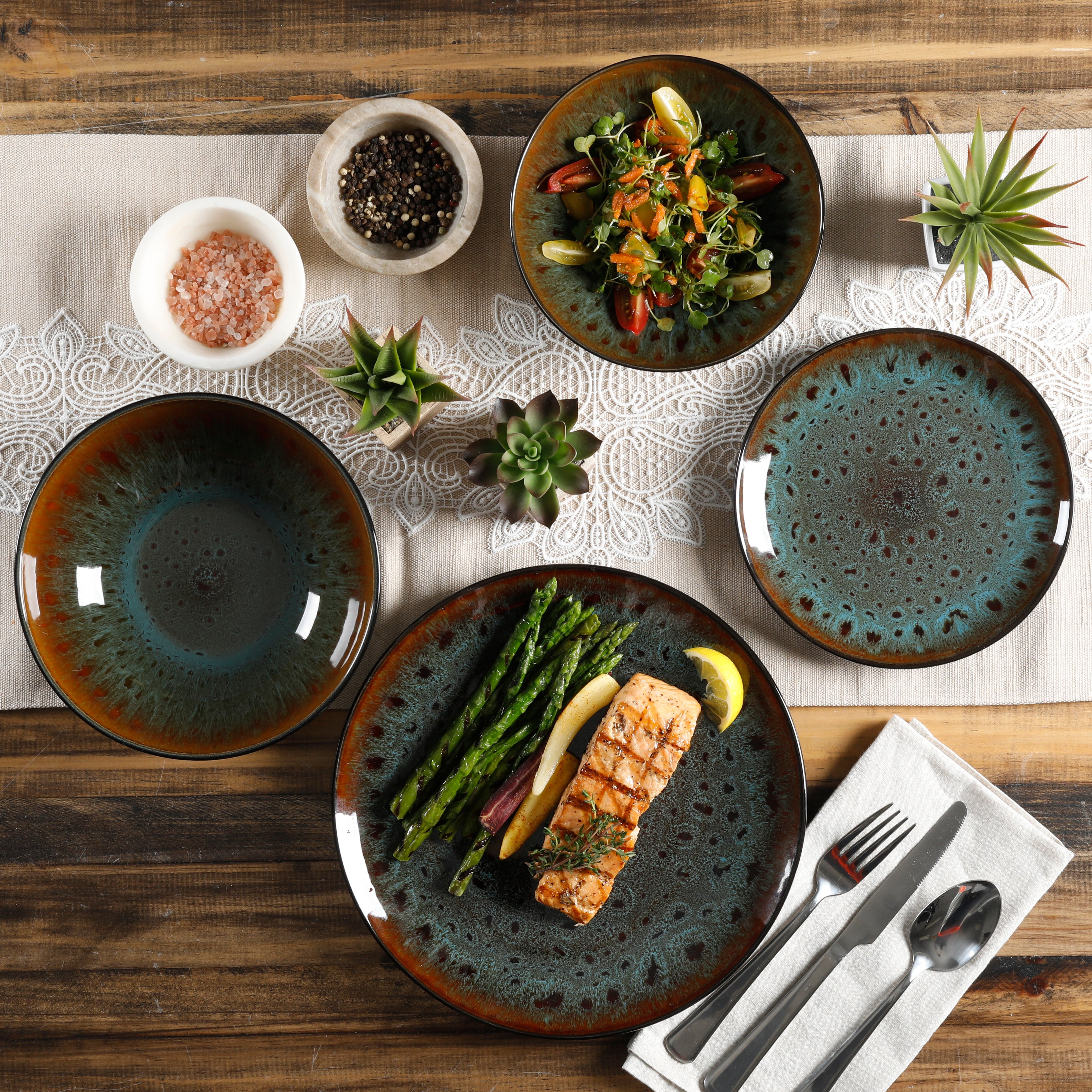 Gibson Elite Kyoto 16-Piece Double Bowl Reactive Stoneware Dinnerware Set - Teal
