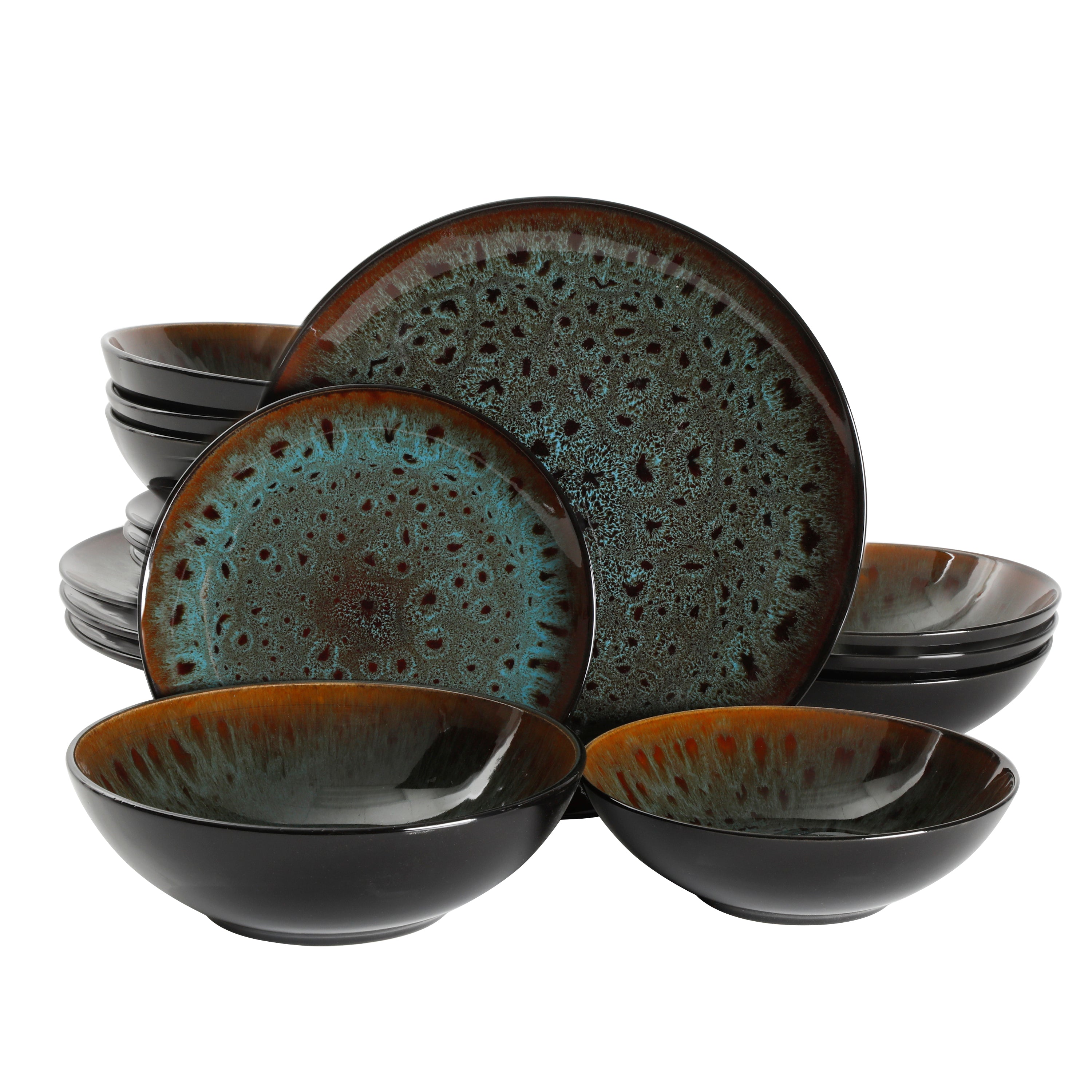 Gibson Elite Kyoto 16-Piece Double Bowl Reactive Stoneware Dinnerware Set - Teal
