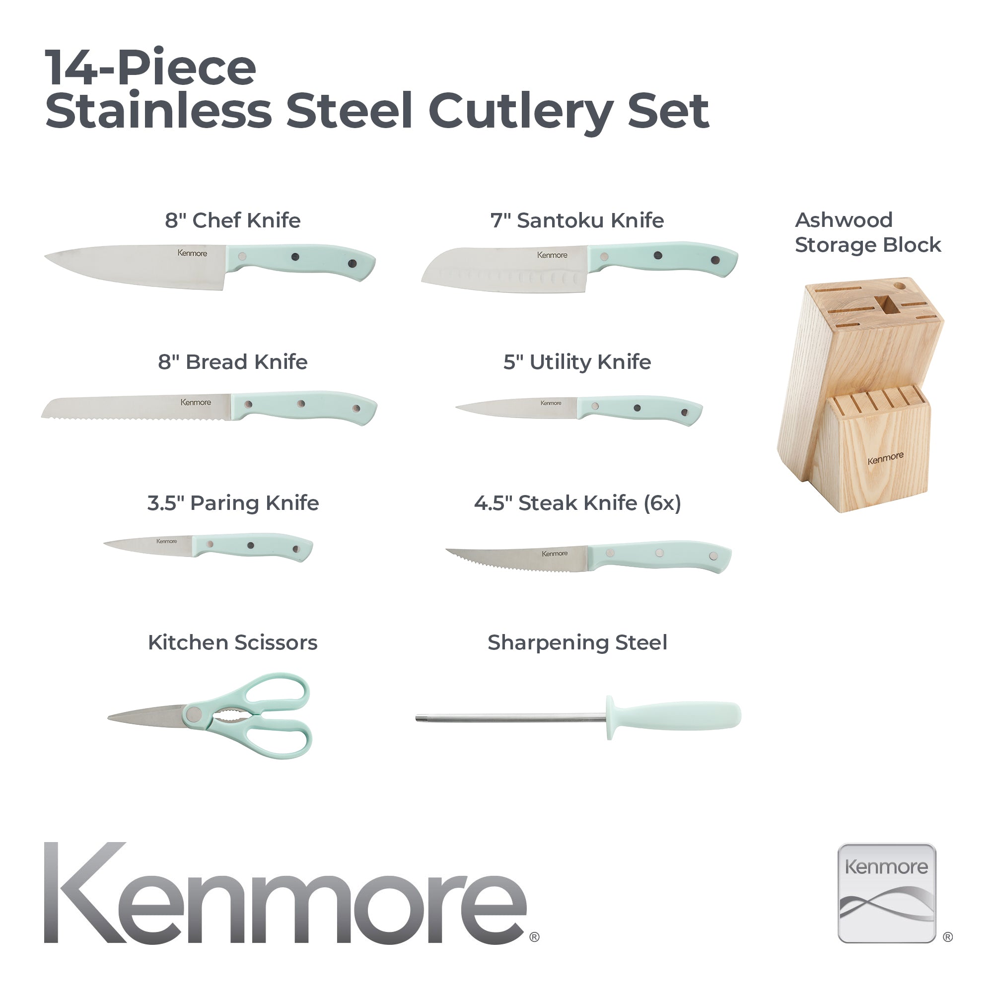 Kenmore Kane 14-Piece Cutlery Set w/ Rubber Coated Wood Knife Block