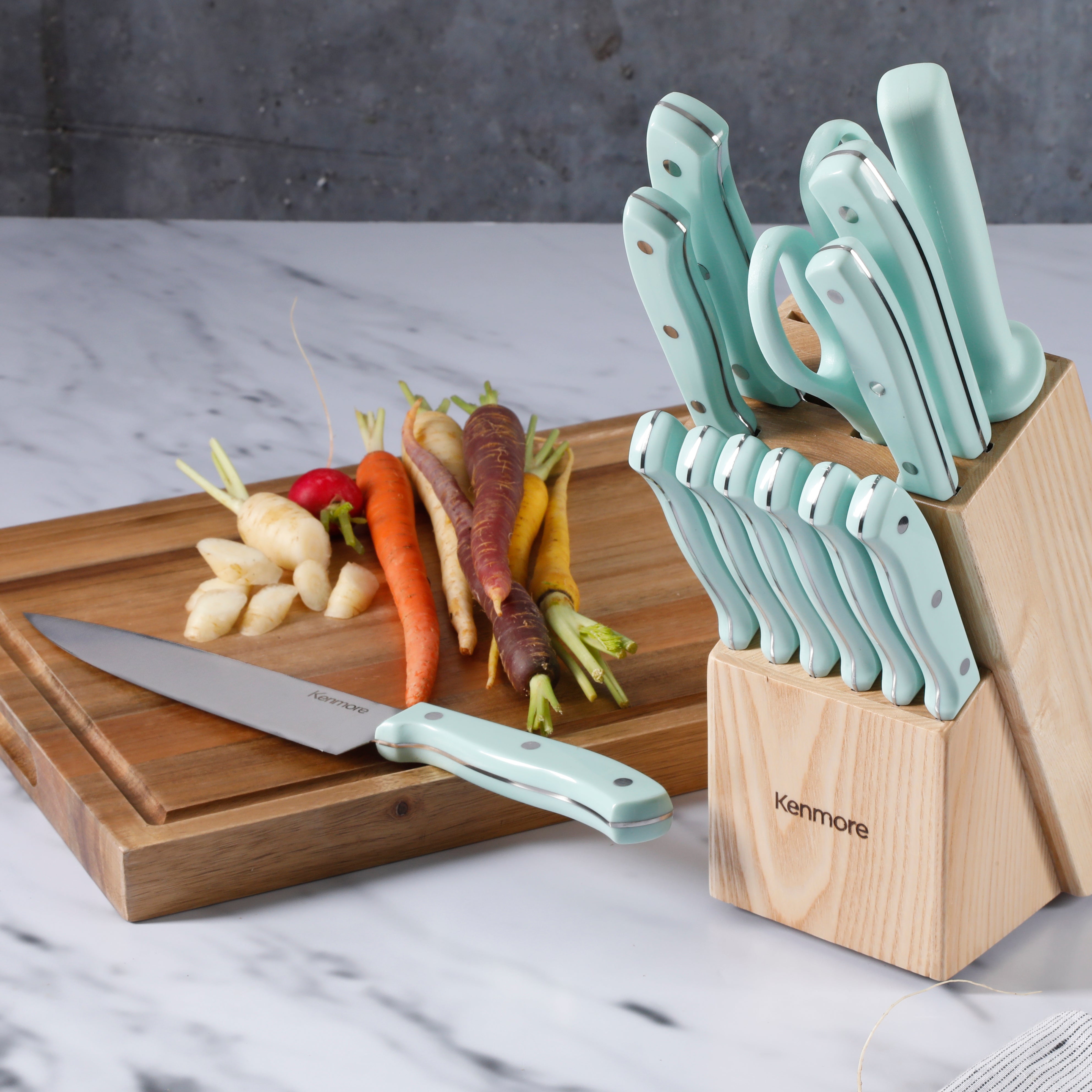 Kenmore Kane 14-Piece Cutlery Set w/ Rubber Coated Wood Knife Block