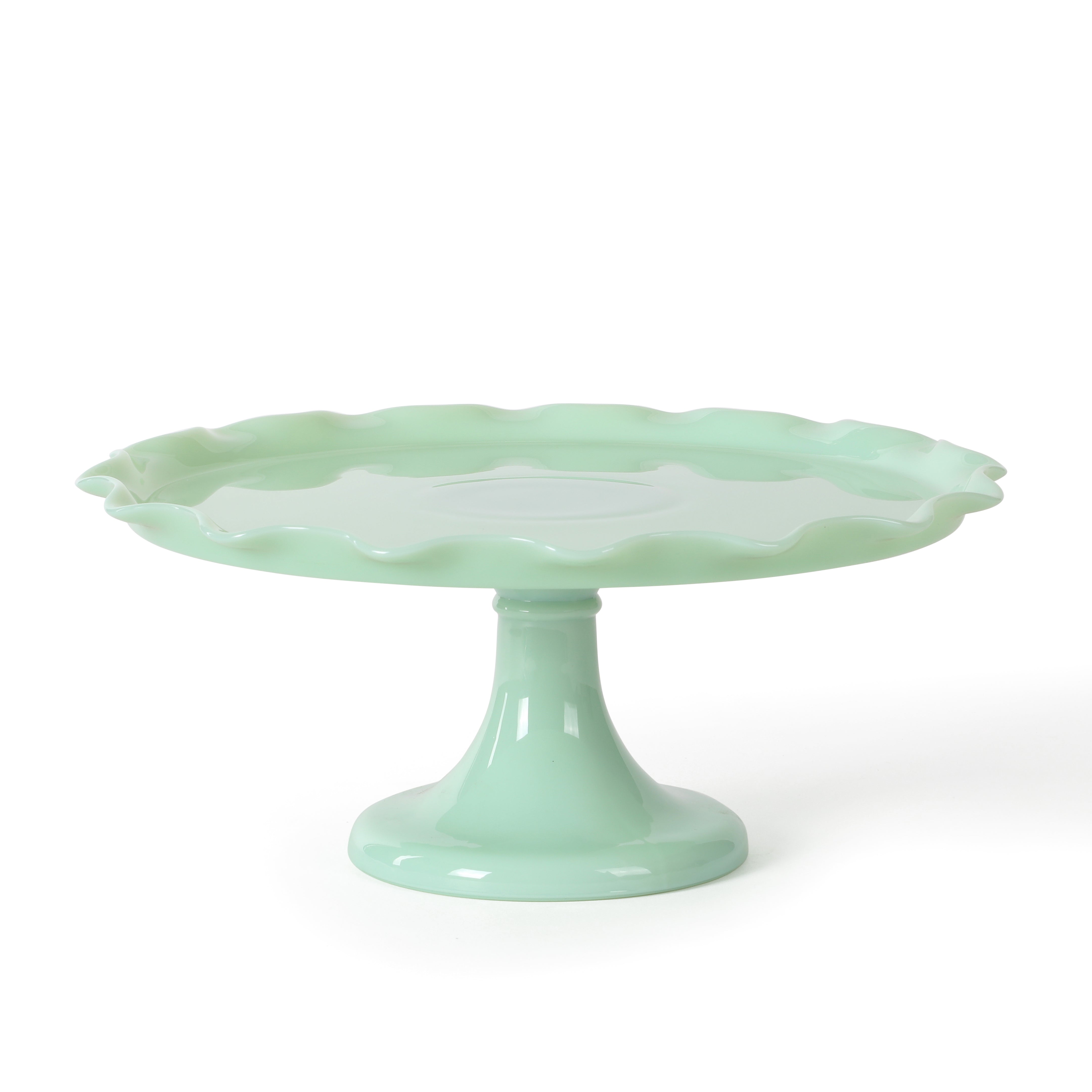 Martha Stewart Highbrook 11" Handmade Jadeite Glass Cake Stand w/ Ruffle Trim