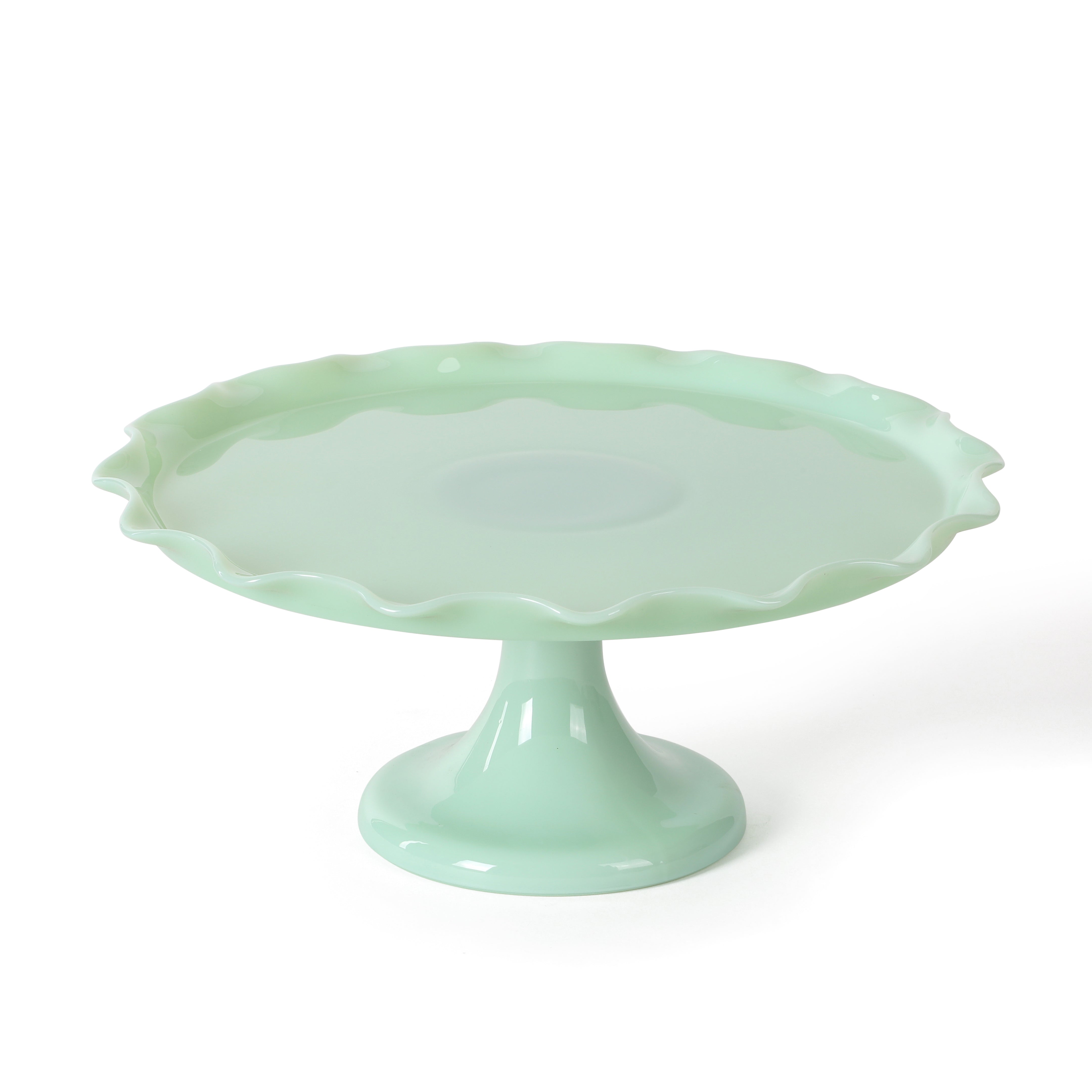 Martha Stewart Highbrook 11" Handmade Jadeite Glass Cake Stand w/ Ruffle Trim