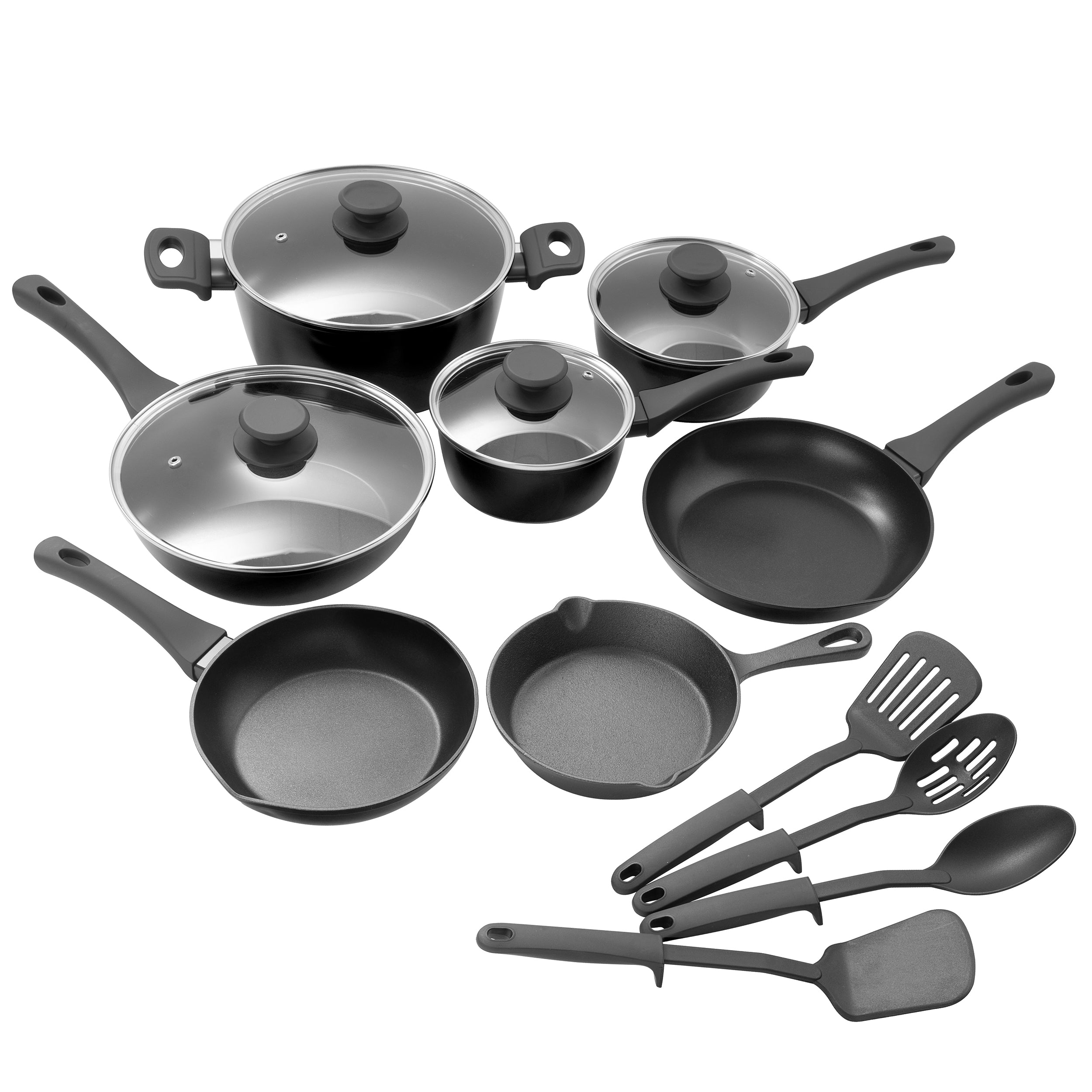 Gibson Soho Lounge 15-Piece Aluminum Cookware Set w/ Bakelite Handles and Glass Lids