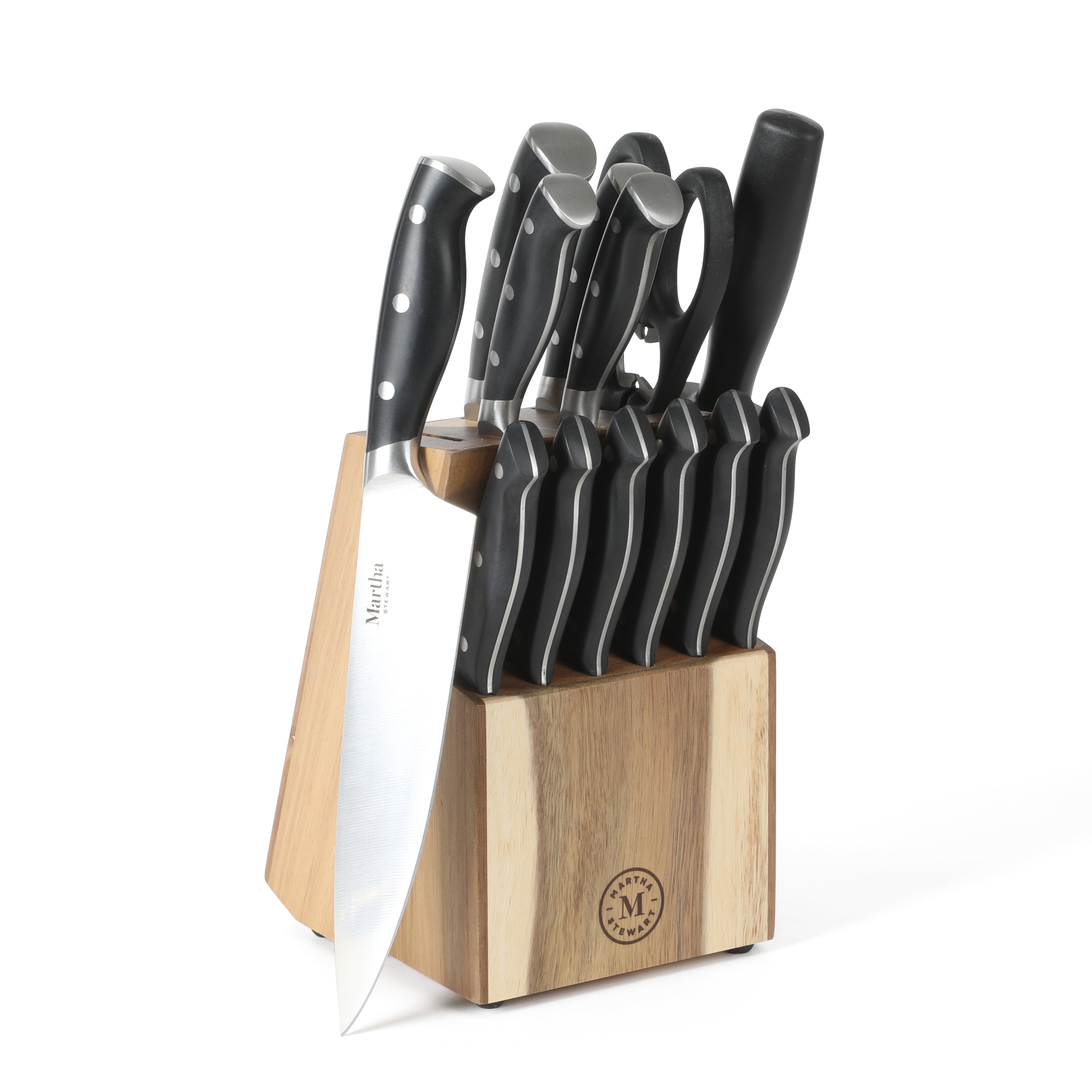 Martha Stewart Greeley 14-Piece Triple-Riveted Cutlery Knife Acacia Wood Block Set w/ Comfort Grip Handles