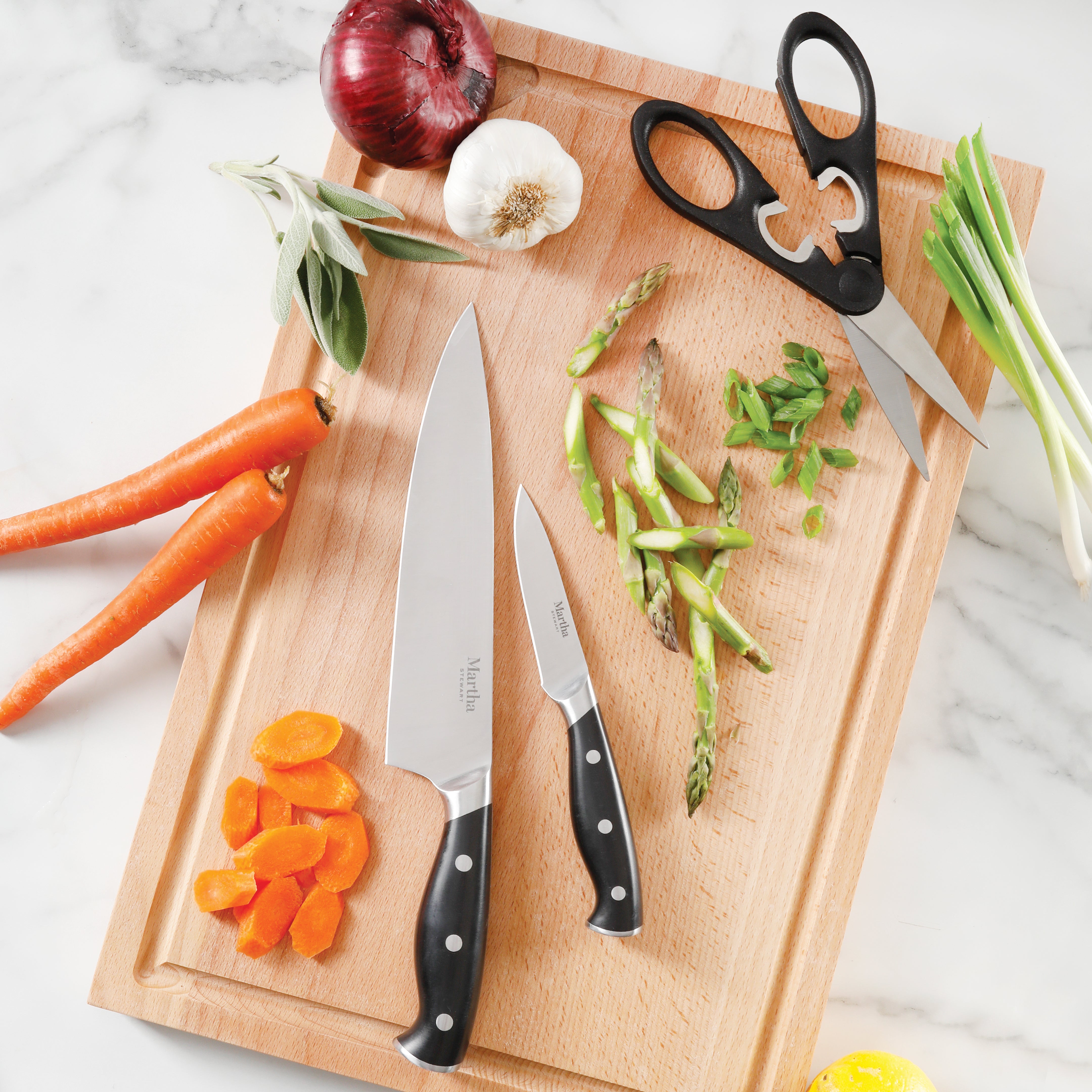 Martha Stewart Greeley 14-Piece Triple-Riveted Cutlery Knife Acacia Wood Block Set w/ Comfort Grip Handles