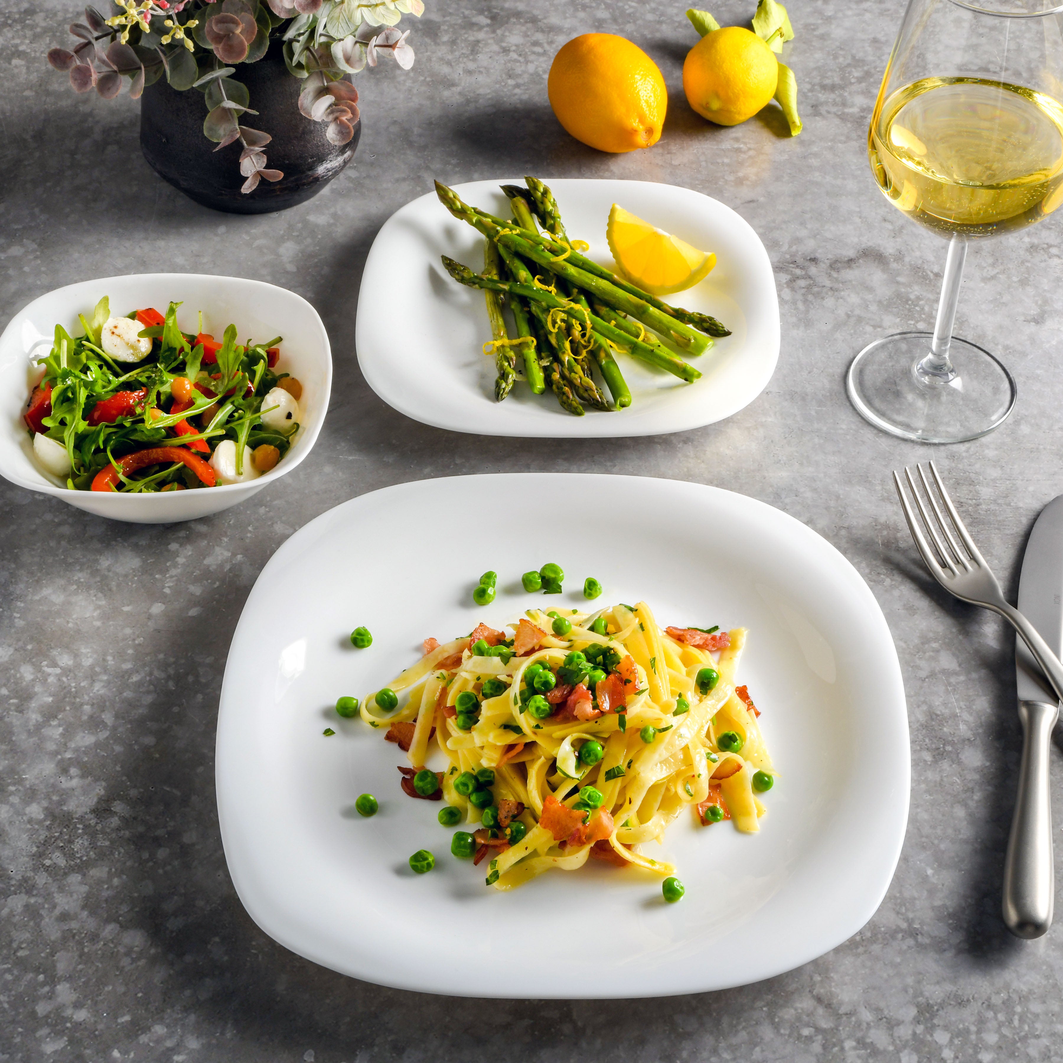 Gibson Home Ultra Soft Square 18-Piece Opal Glass Dinnerware Set