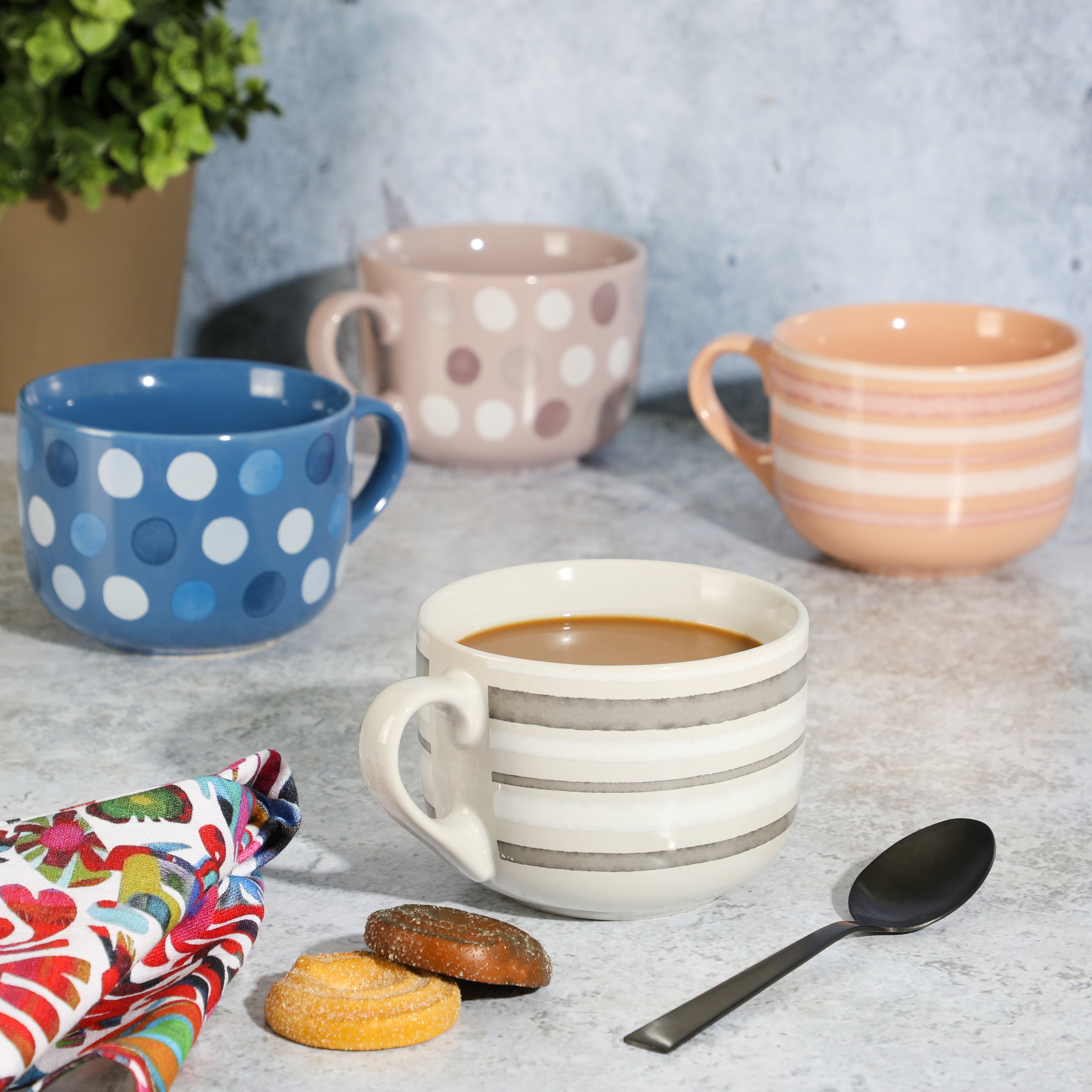 Mr. Coffee Cappuccino Bliss 4-Pack 23oz Assorted Decorated Design Latte Stoneware Mugs