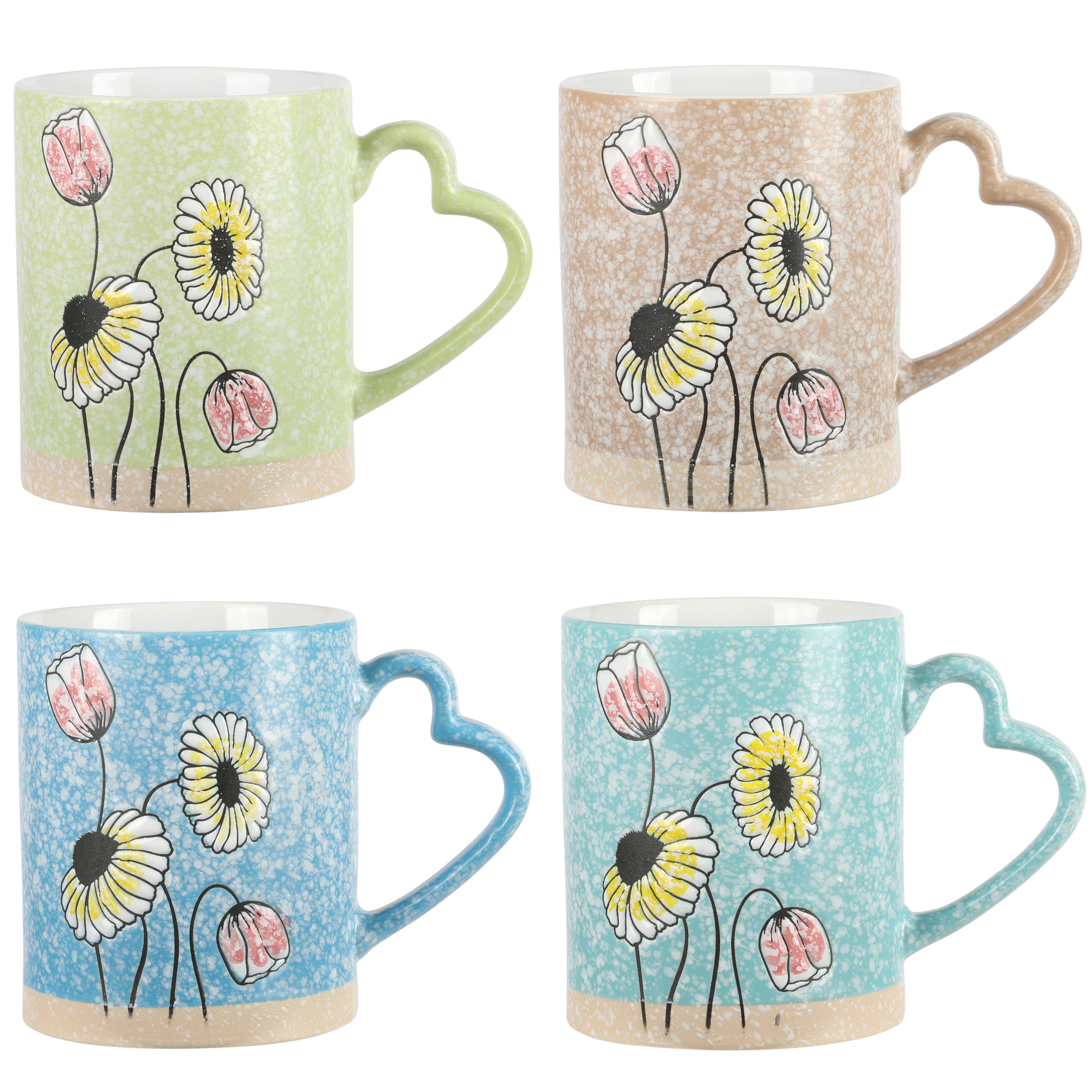 Gibson Home Sunbloom 4-Pack 16oz Stoneware Mugs w/ Heart Shaped Handles