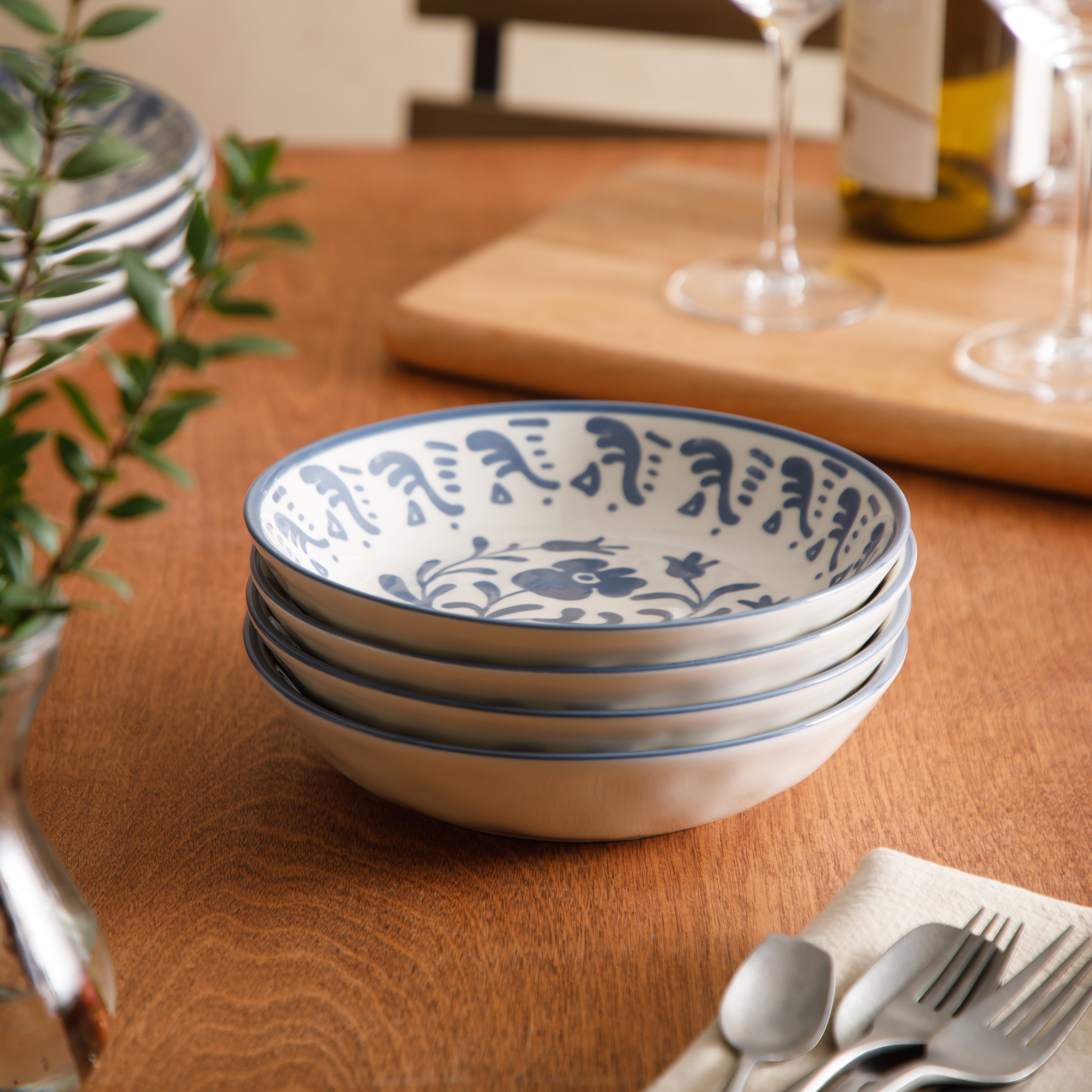 Bloomhouse - 2-Time Oprah’s Favorite Things - Valencia Flor 4 Piece Dinner Bowl Set, 8” Stoneware Pasta Bowls, Mediterranean Floral Decal Design, Microwave & Dishwasher Safe