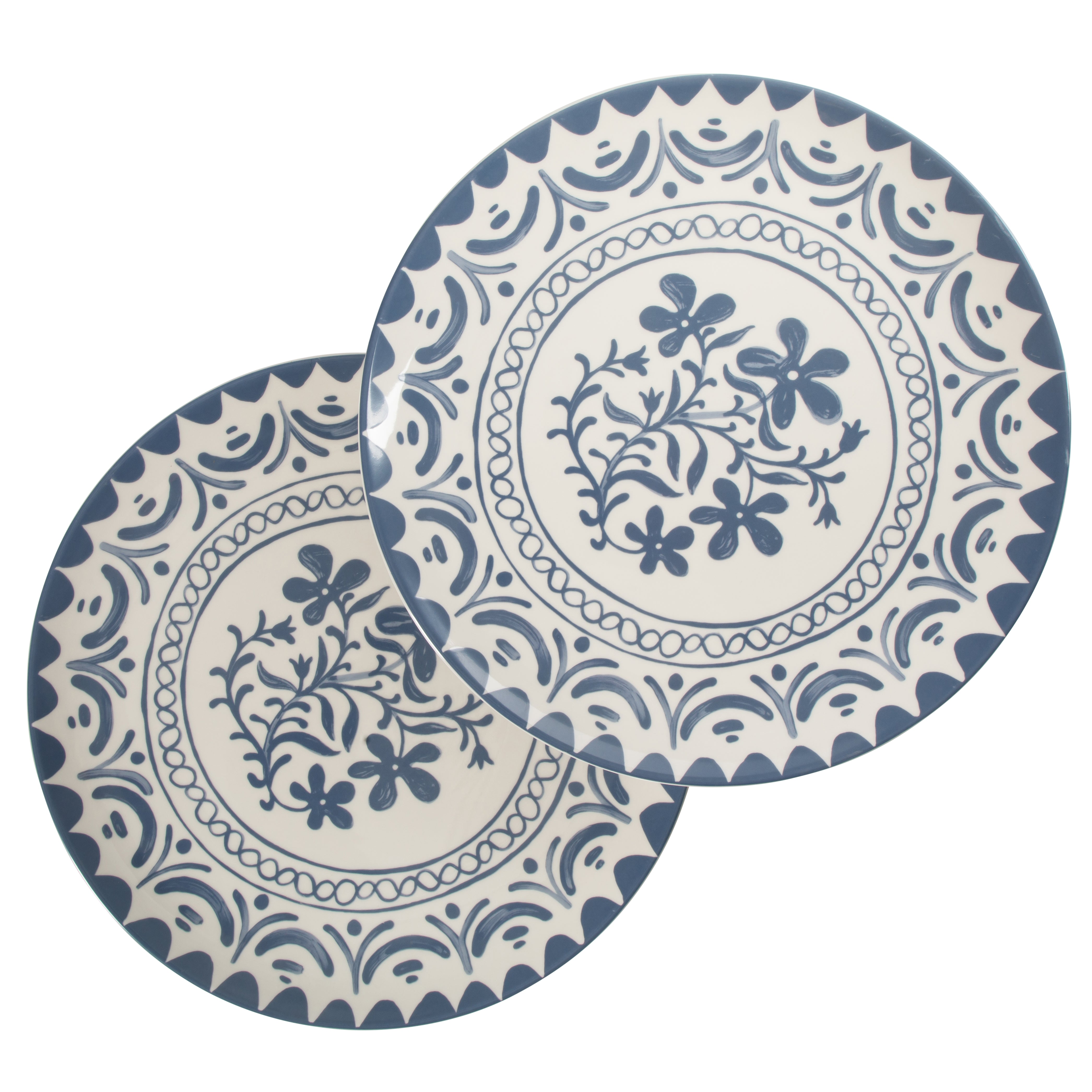 Bloomhouse - 2-Time Oprah’s Favorite Things - Valencia Flor 2 Piece 13” Serving Platter Set, Stoneware Platters, Mediterranean Floral Decal Design, Microwave & Dishwasher Safe, Iris Blue