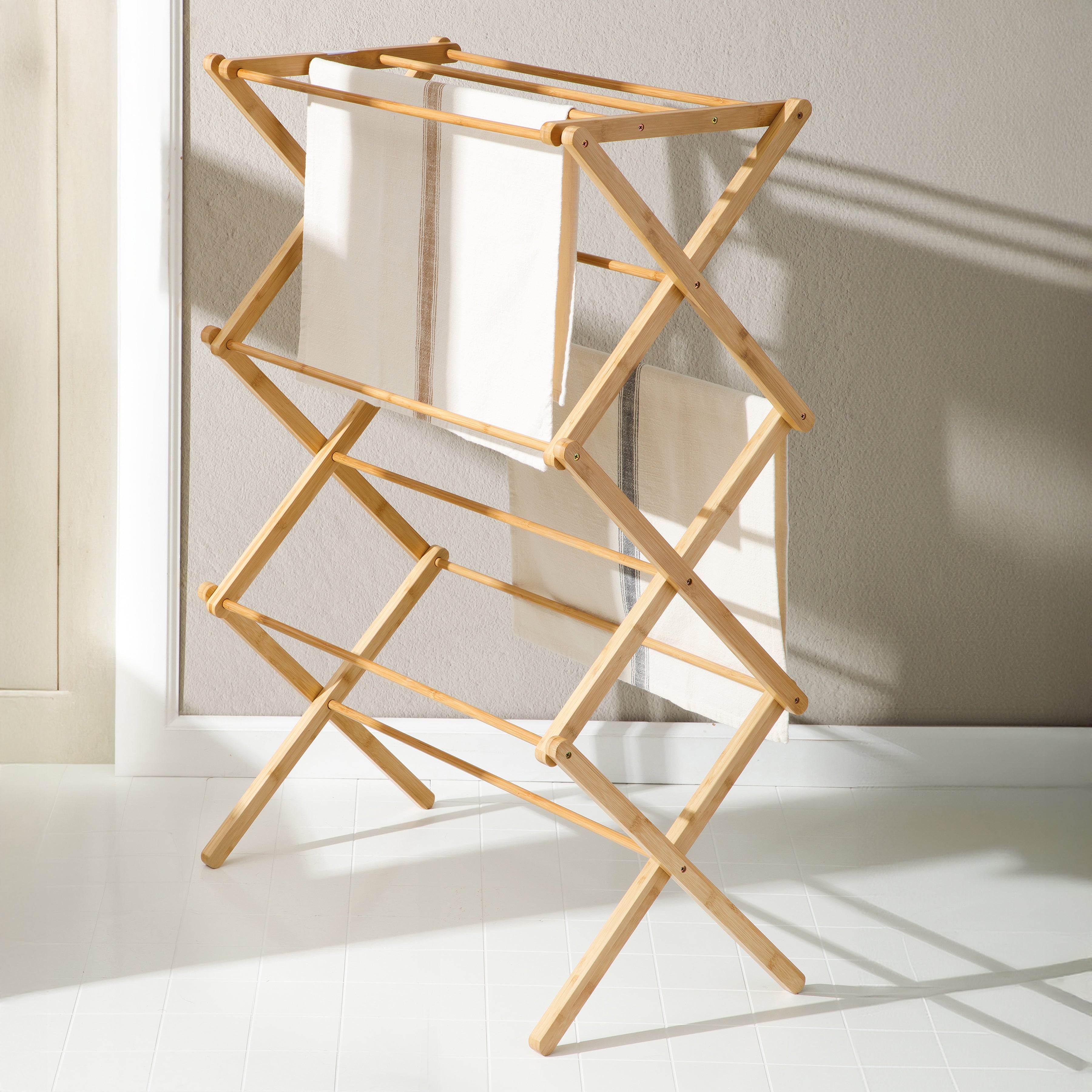 Gibson Home Riverrun Foldable Bamboo Drying Rack for Clothes & Towels – 2-Tier Collapsible Laundry Drying Rack, Space-Saving Air Dry Stand for Clothes, Towels, Blankets, etc for Indoor & Outdoor Use