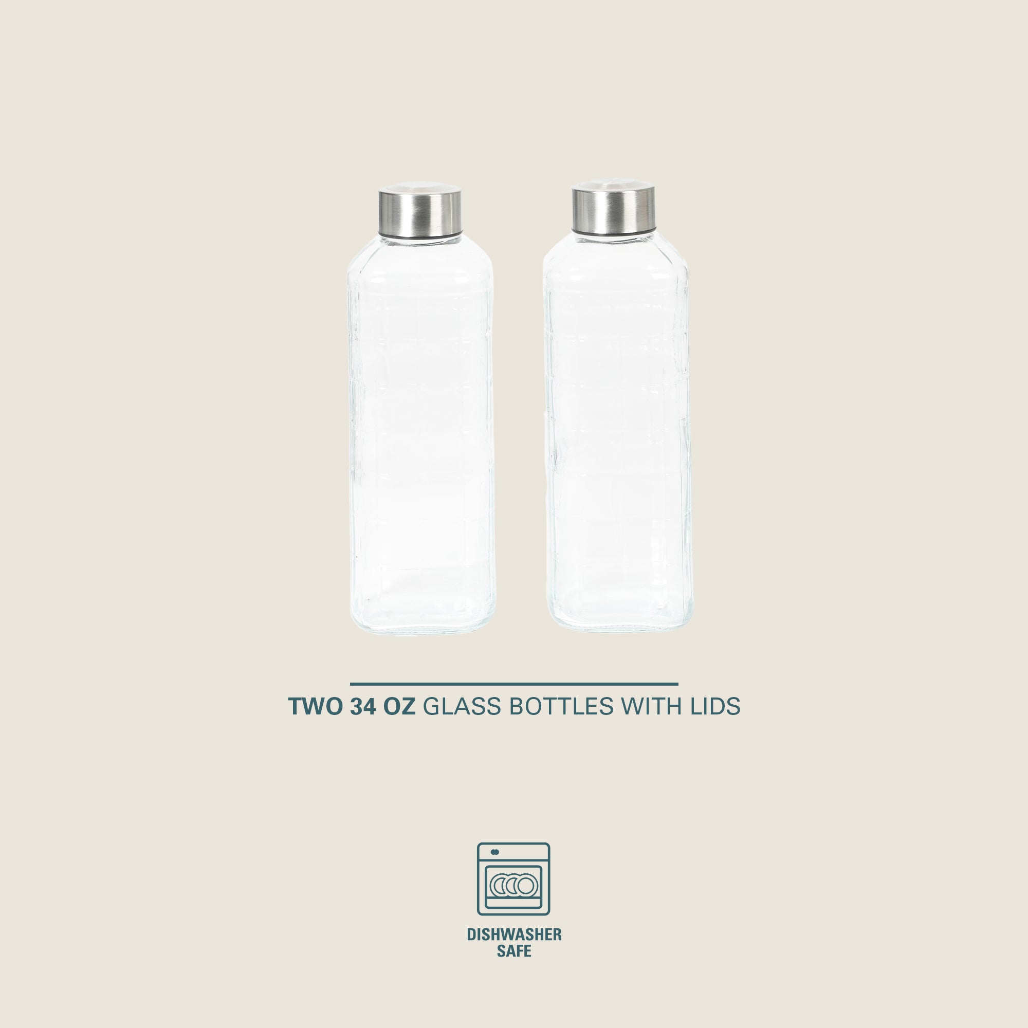 Gibson Home Whistler Peak 2 Piece Large Embossed Reusable Glassed Bottles W/ Airtight Leakproof Stainless Steel Lid, Pitcher for Water, Milk, Juice - Dishwasher Safe