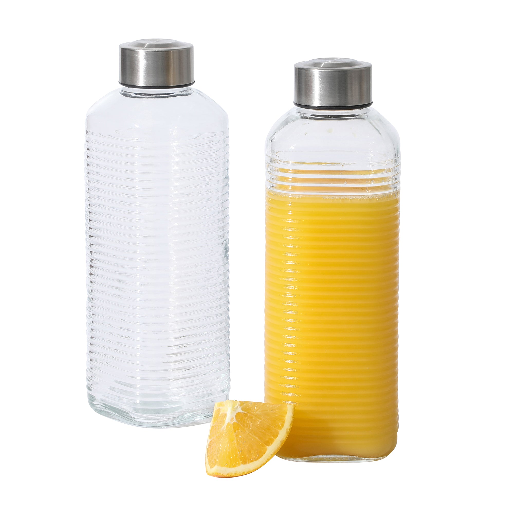 Gibson Home Aspen Heights 2 Piece Large Embossed Reusable Glassed Bottles W/ Airtight Leakproof Stainless Steel Lid, Pitcher for Water, Milk, Juice - Dishwasher Safe