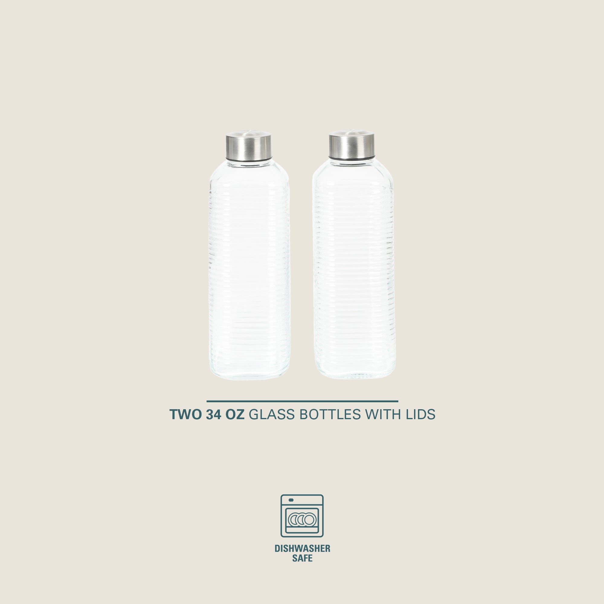 Gibson Home Aspen Heights 2 Piece Large Embossed Reusable Glassed Bottles W/ Airtight Leakproof Stainless Steel Lid, Pitcher for Water, Milk, Juice - Dishwasher Safe