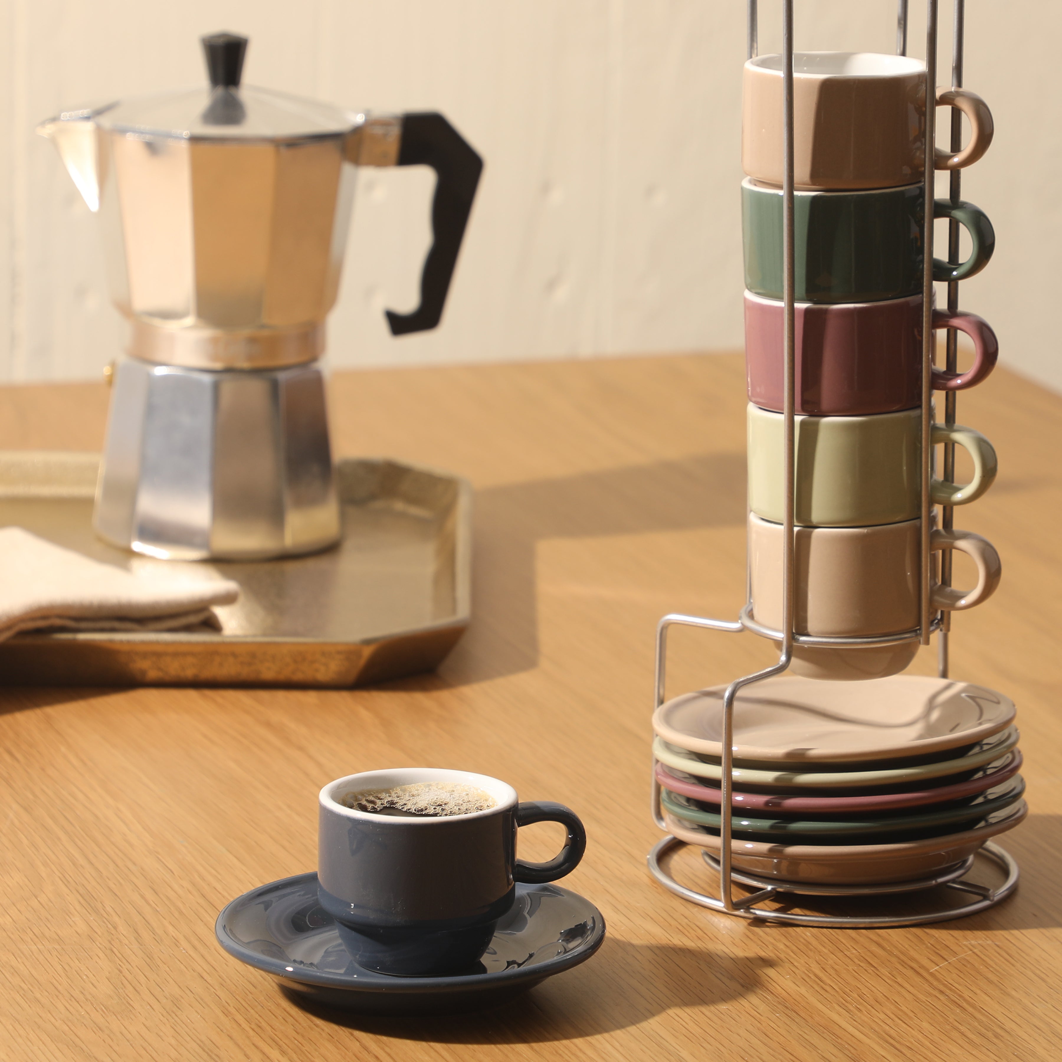 Gibson Home Brew Harmony 13 Piece Espresso Cup Set with Metal Rack, Stoneware Espresso Cups & Saucers, Solid Color Stackable Coffee Set, Café Style, Dishwasher & Microwave Safe