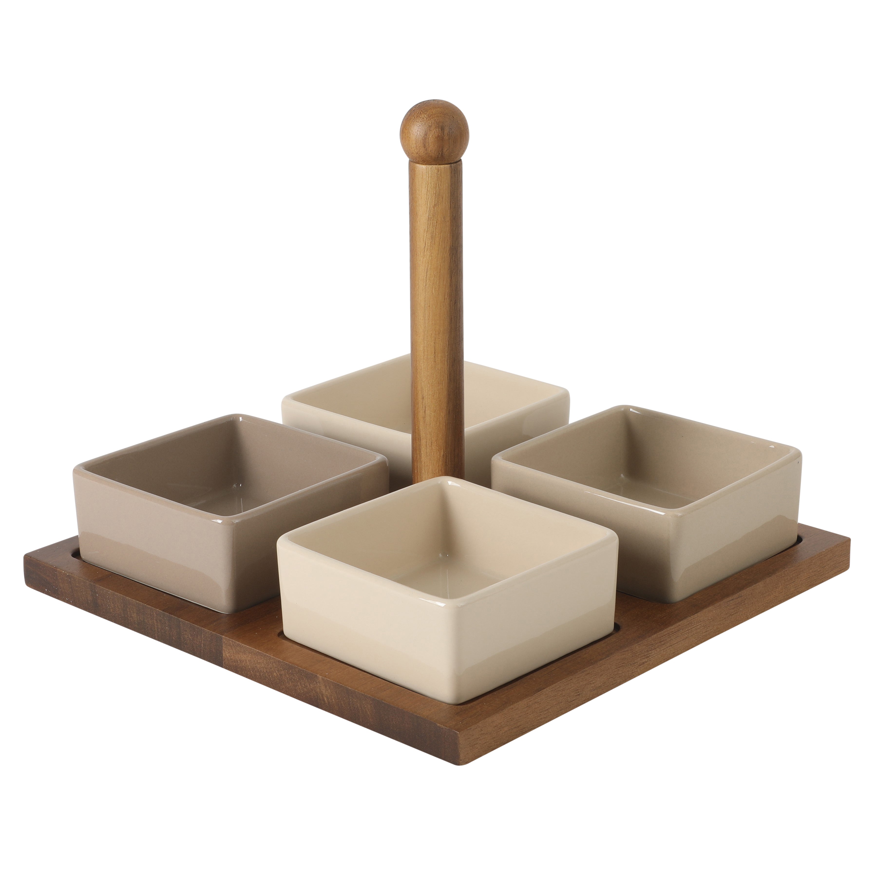 Gibson Elite 4-Piece Stoneware Tidbit, Condiment & Dip Dish Set with Acacia Wood Tray – Taupe Square Appetizer, Snack, Topping & Entertaining Server