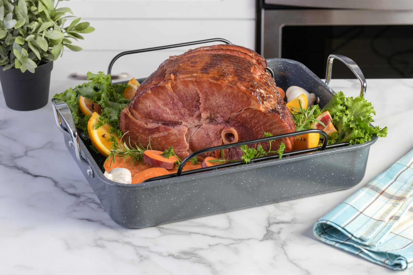 Kenmore Keaton Grey Speckle 16.5" x 12.5" x 3.2" Carbon Steel Roaster w/ Rack