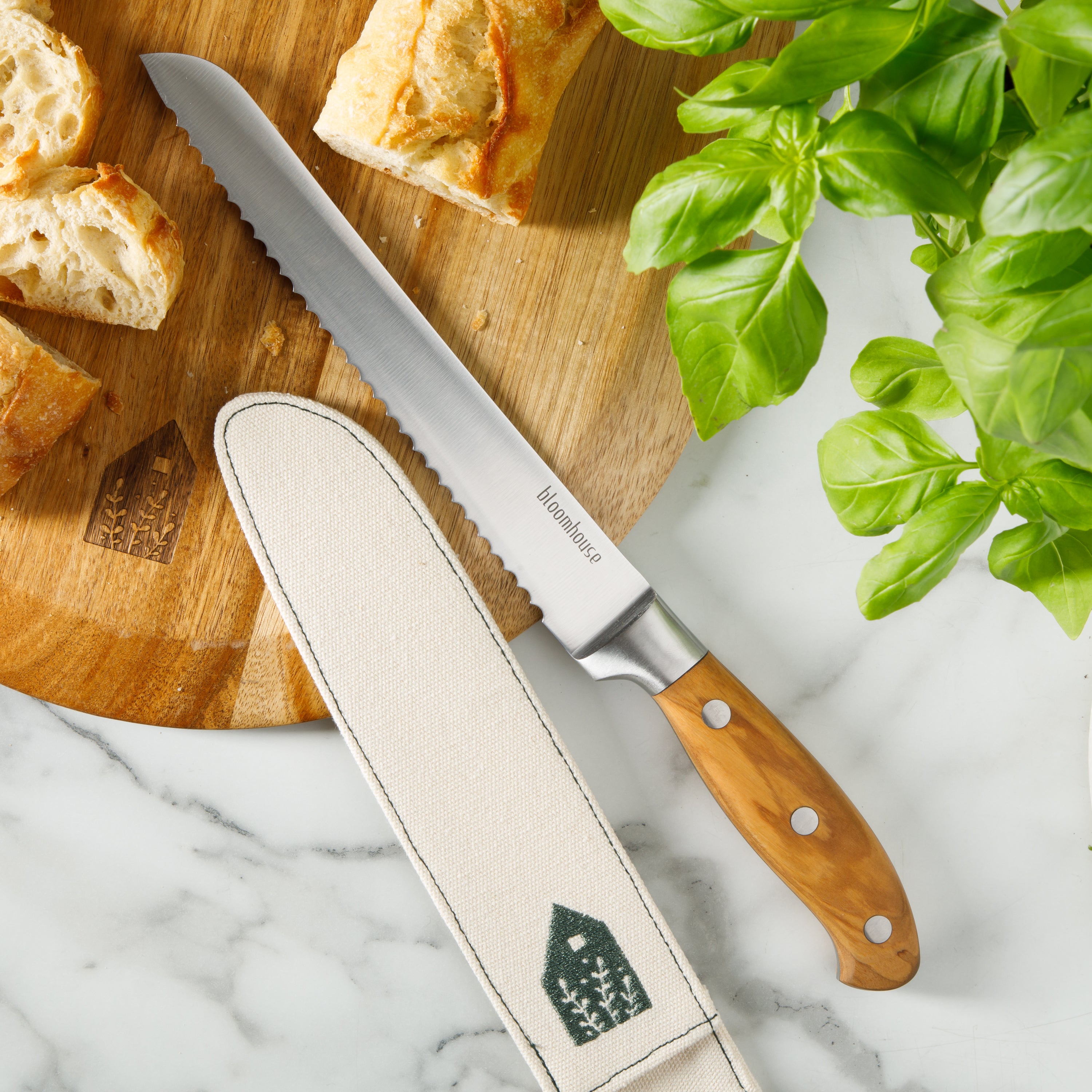 Bloomhouse 8 Inch German Steel Bread Knife w/ Olive Wood Forged Handle