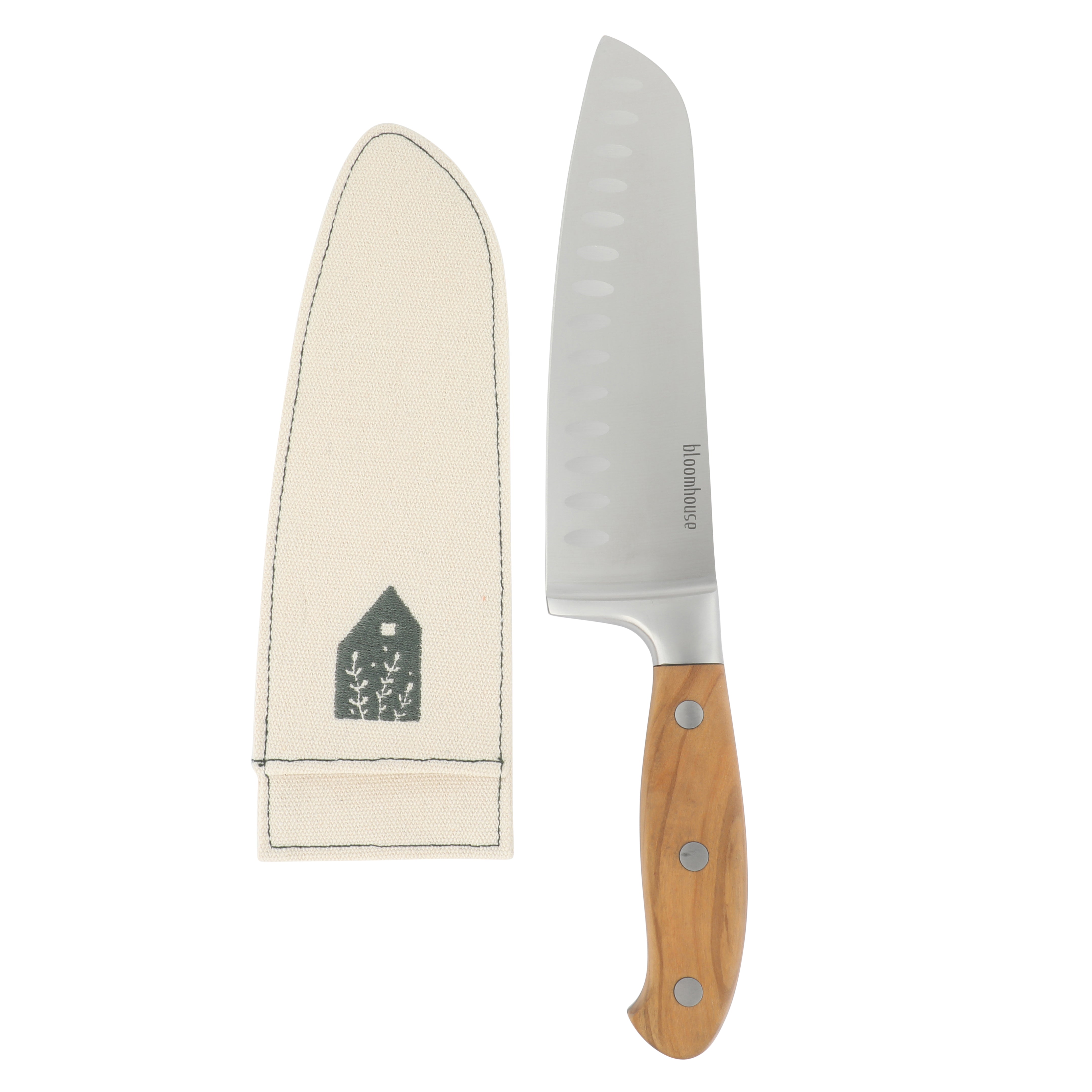 Bloomhouse 7 Inch German Steel Santoku Knife w/ Olive Wood Forged Handle