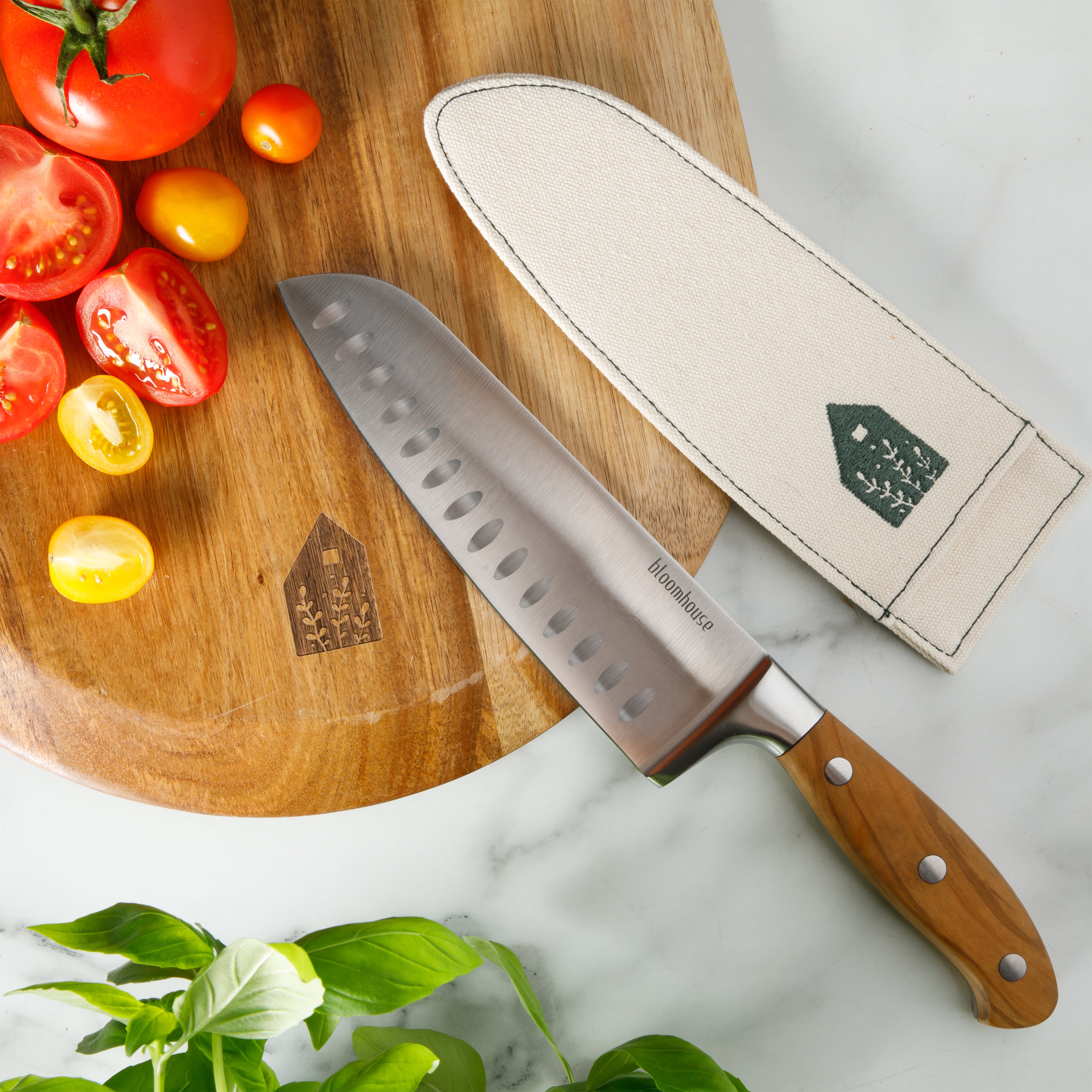 Bloomhouse 7 Inch German Steel Santoku Knife w/ Olive Wood Forged Handle