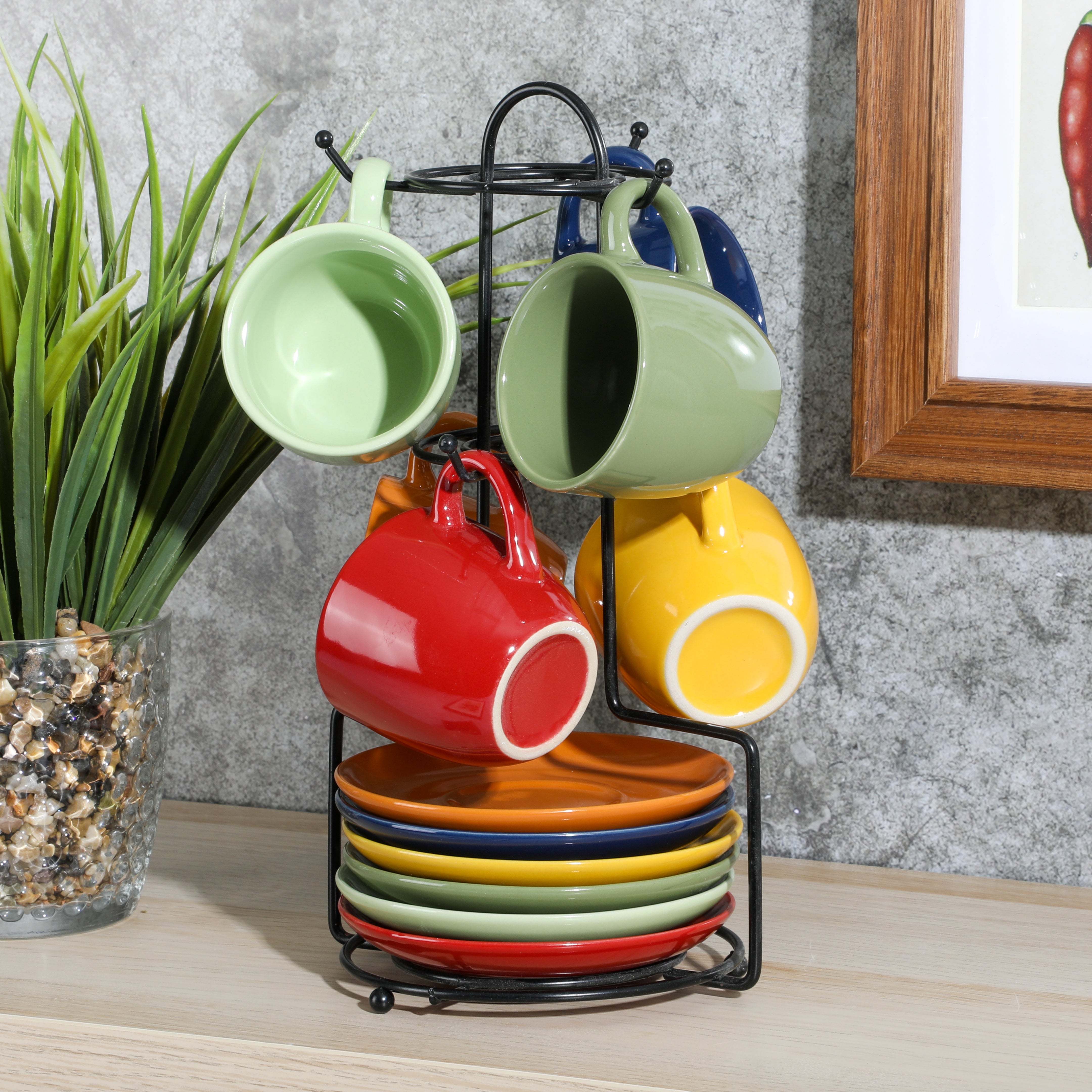 Gibson Home Color Café 13-Piece Assorted Color Stoneware Mug Set W/ Metal Rack and Saucer Set