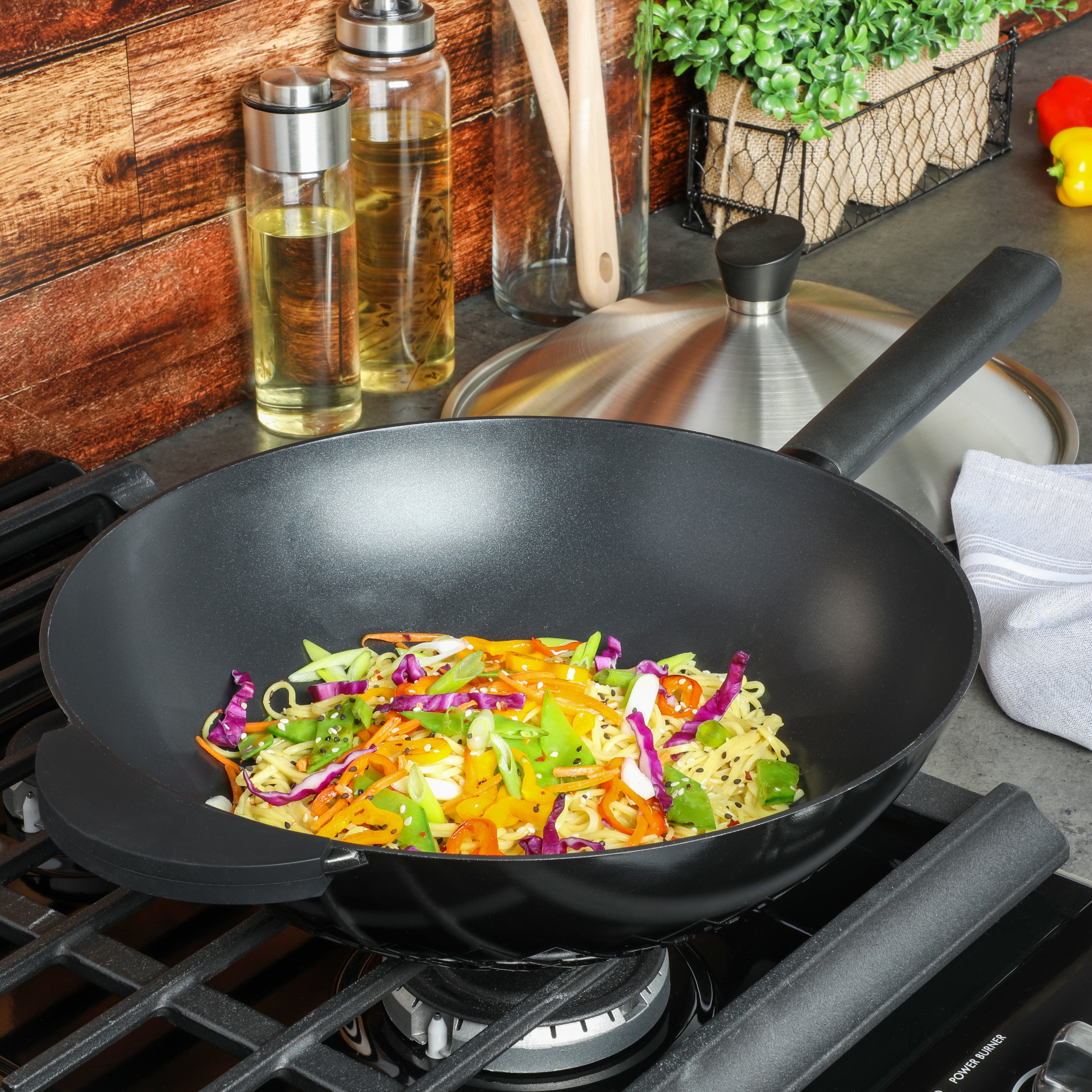 Kenmore Eugene 13-Inch Cast Aluminum Wok w/ Lid - Matte Black