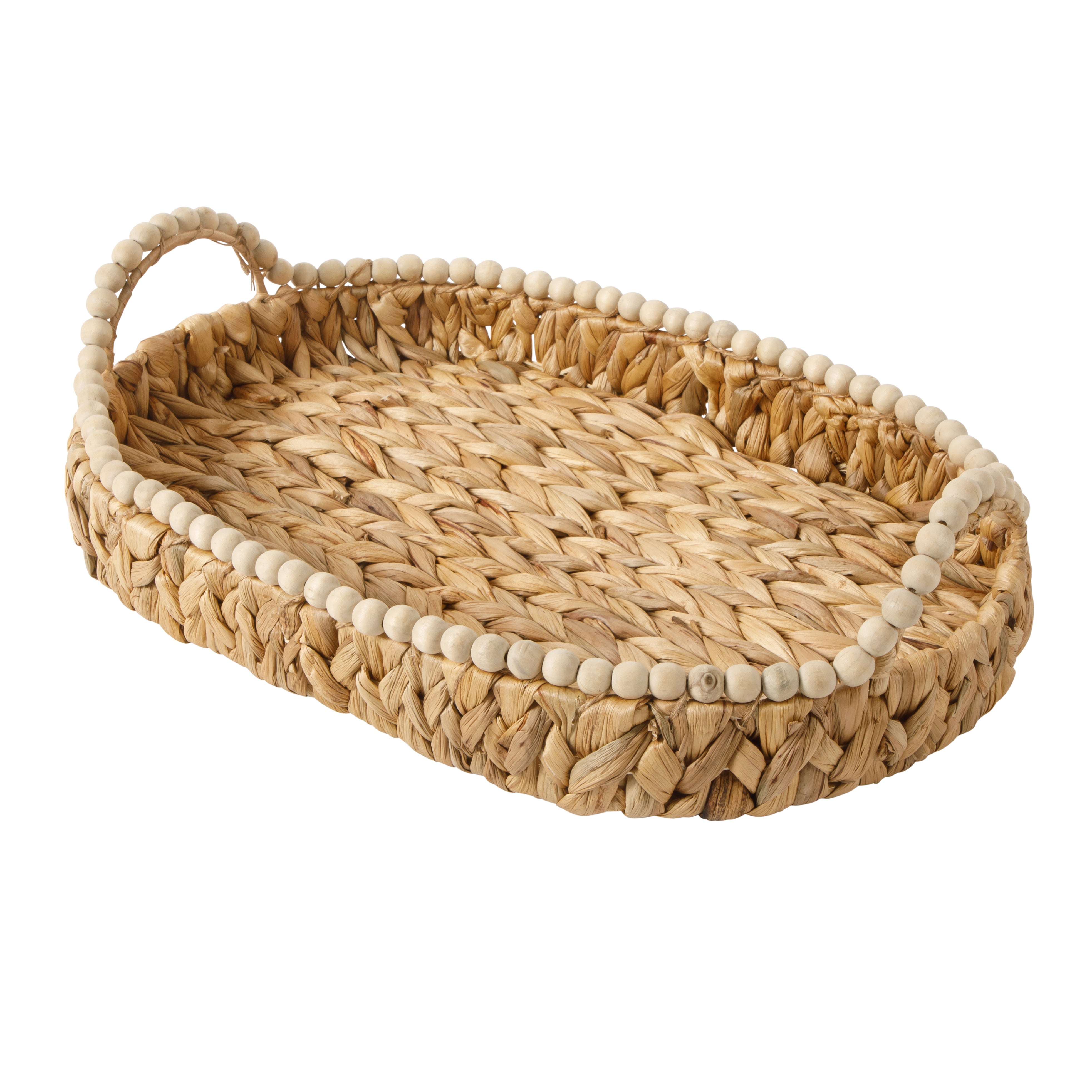 Gibson Home Riverrun Grove 17" Woven Decorative Serving Tray – Large Natural Water Hyacinth Basket w/ Wood-Bead Trim & Handles for Coffee Table Décor, Ottomans, Centerpieces & Kitchen Counter Display