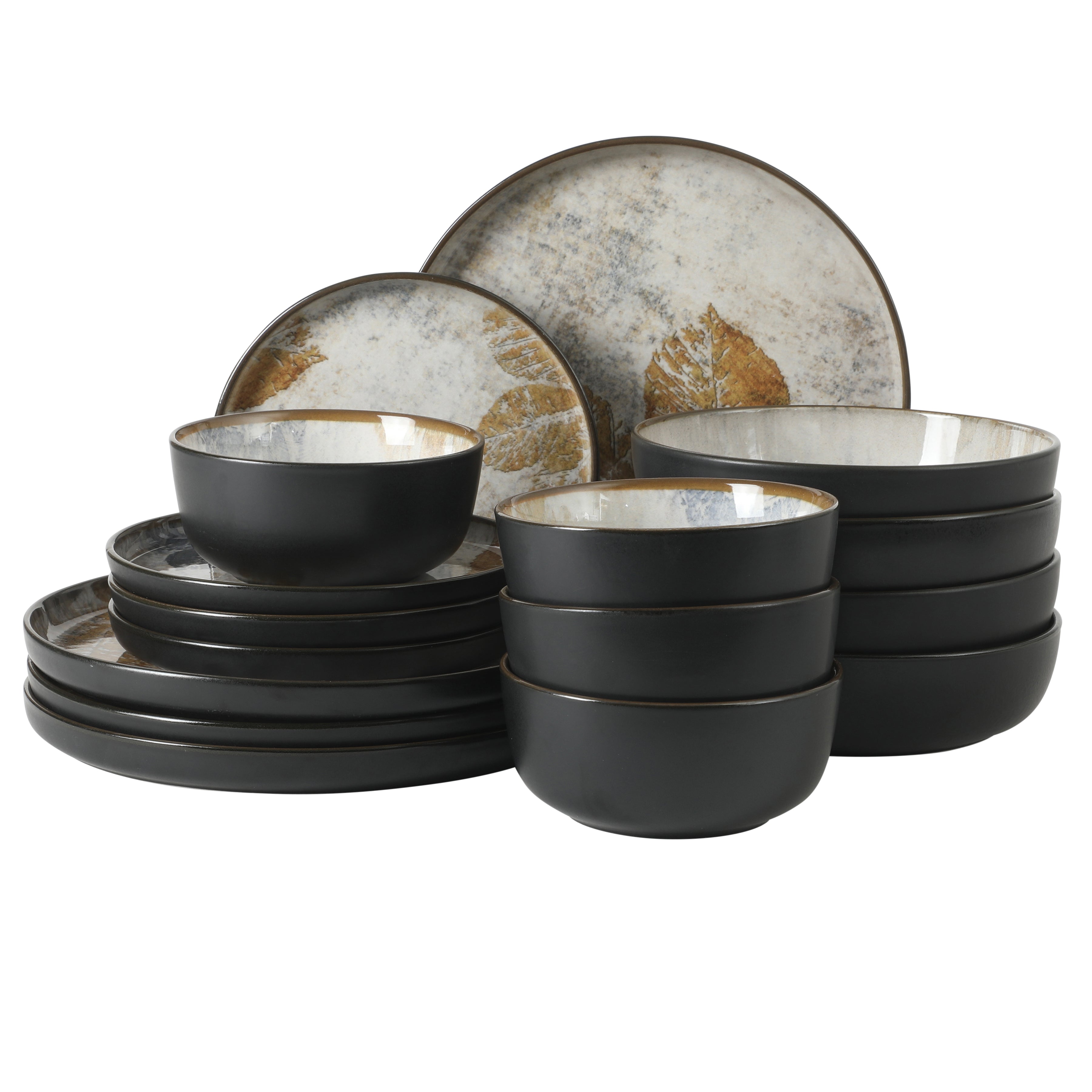 Gibson Elite Chantilly Hill 16-Piece Porcelain Dinnerware Set, Round Plates & Bowls, Multicolor Leaf Design, Microwave & Dishwasher Safe, Service for 4