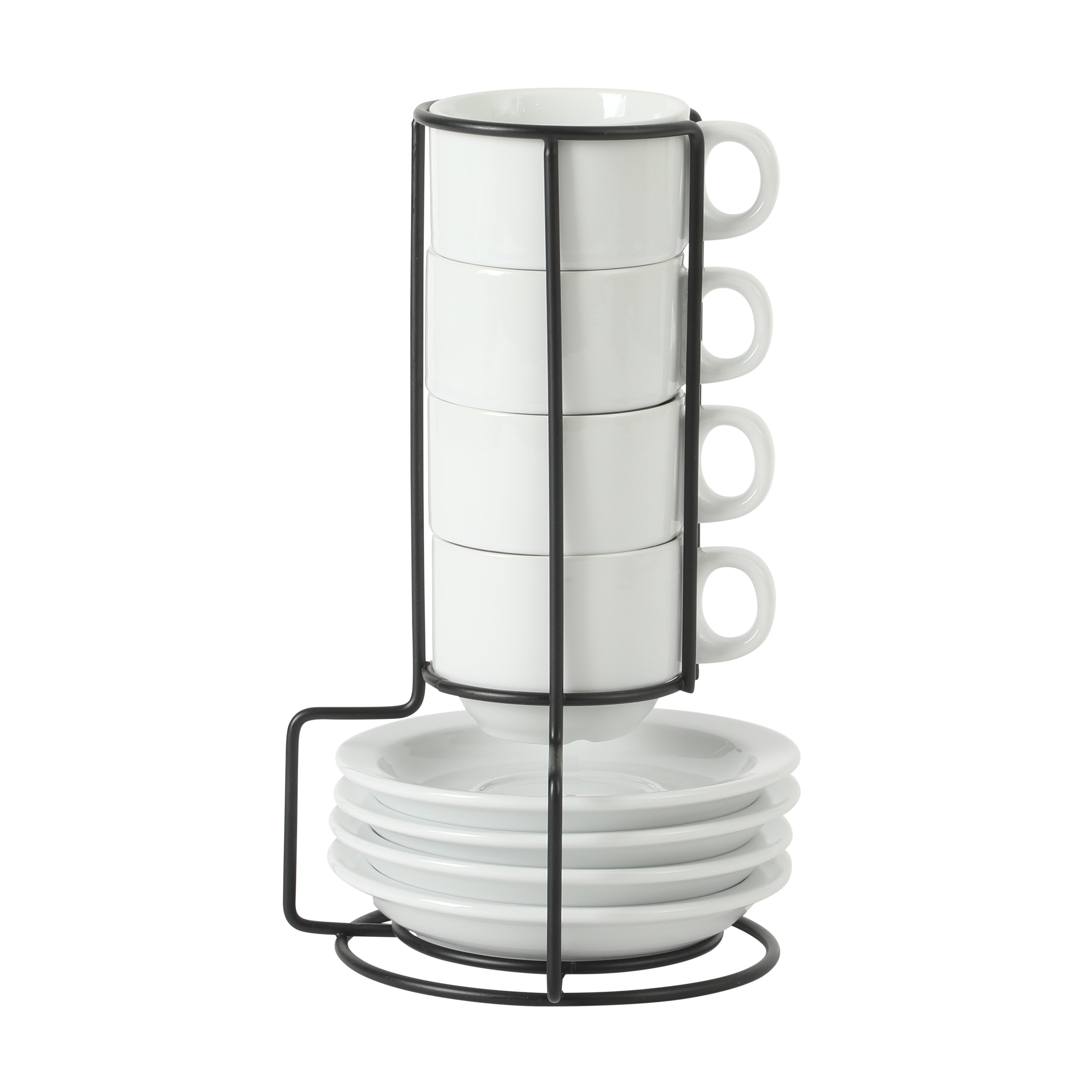 Gibson Home Gracious Dining 3-Ounce Espresso Cups Set of 4, Small Stackable Coffee Cups with 4 Saucers, Metal Stand, Ceramic Demitasse Mugs, Espresso Accessories for Machine