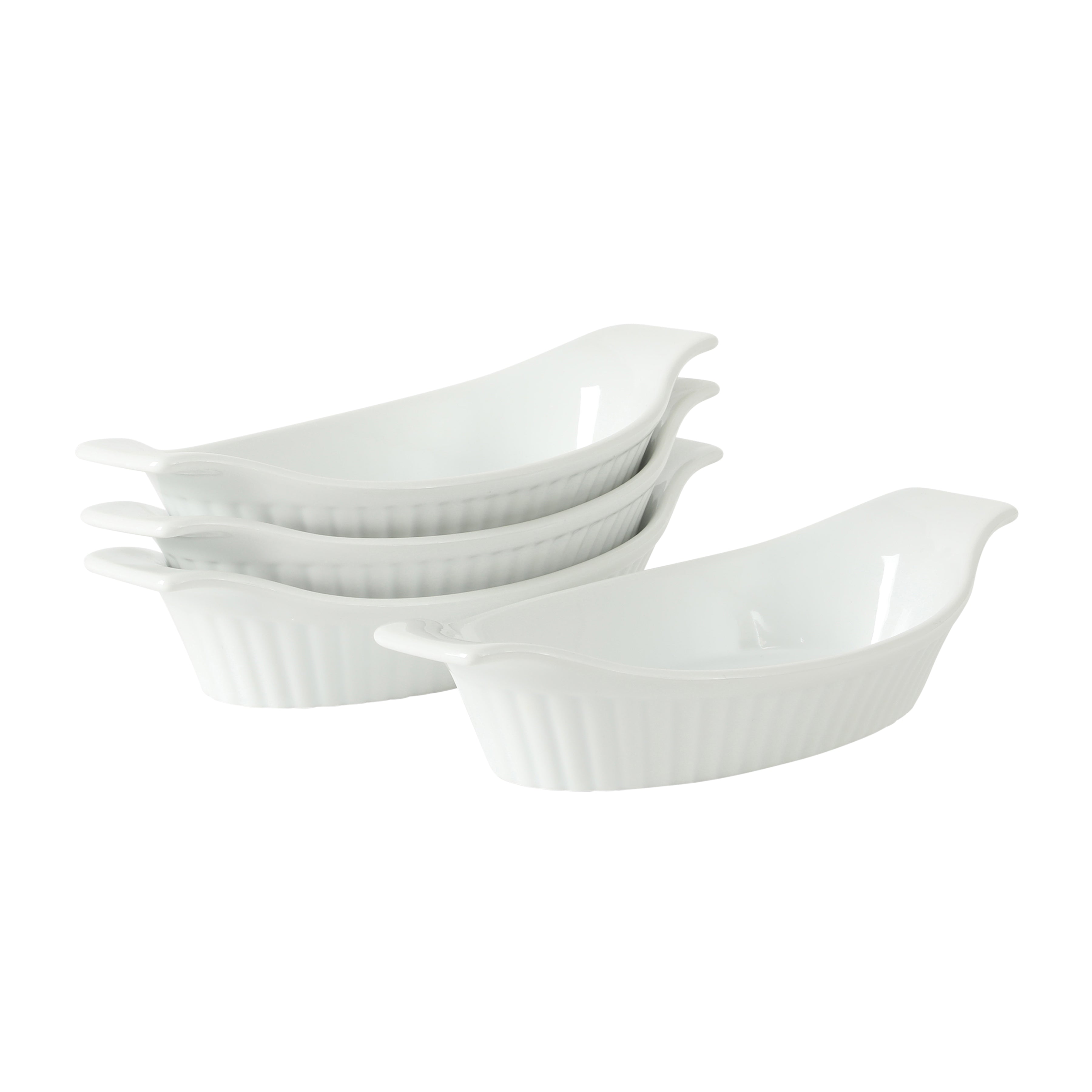Gibson Home Gracious Dining Oval Au Gratin Baking Dishes, 4-Piece Set – 9 oz Oven Safe Banana Split Bowls, Ceramic Small Casserole Dishes with Handles, Microwave & Dishwasher Safe Mini Bakeware, White