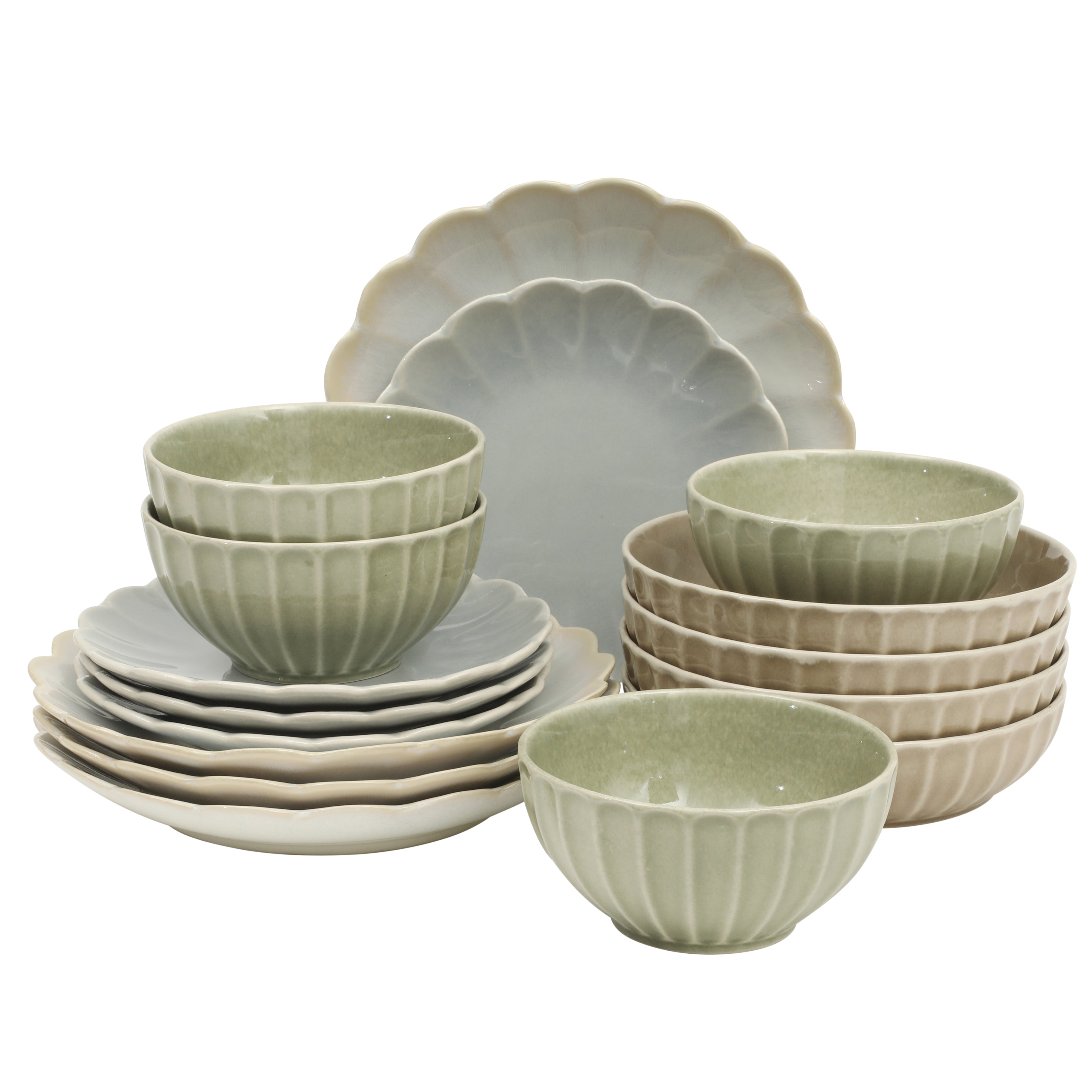 Gibson Elite Malibu Shore 16-Piece Scalloped Stoneware Reactive Glaze (Service for 4) Ceramic Plates and Bowls Dinnerware Set