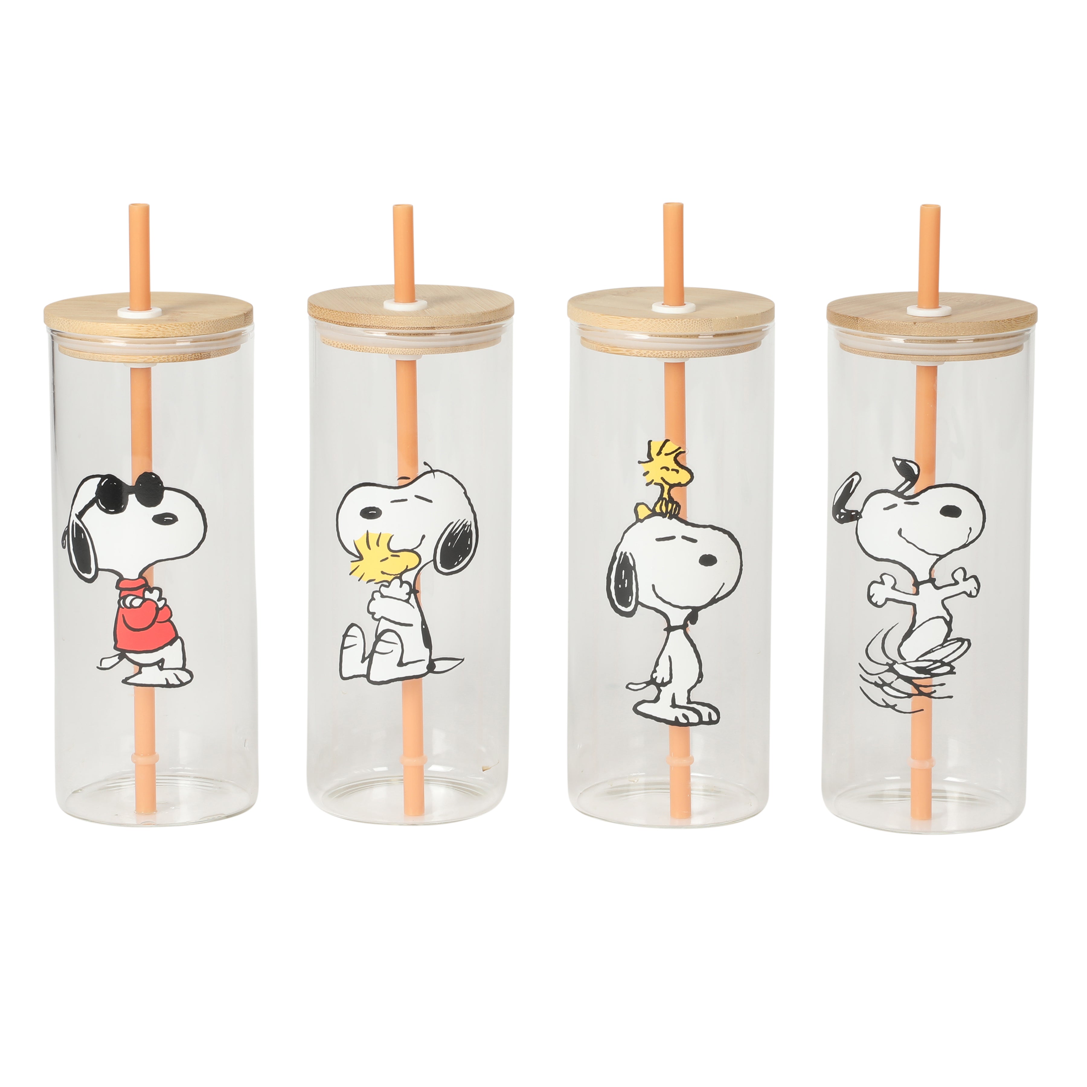 Peanuts Snoopy Happy Sips 4 Piece 23 OZ Tumbler Set with 4 Bamboo Lids and 4 Straws Set, Iced Coffe, Smoothie, Water Cup - Dishwasher Safe