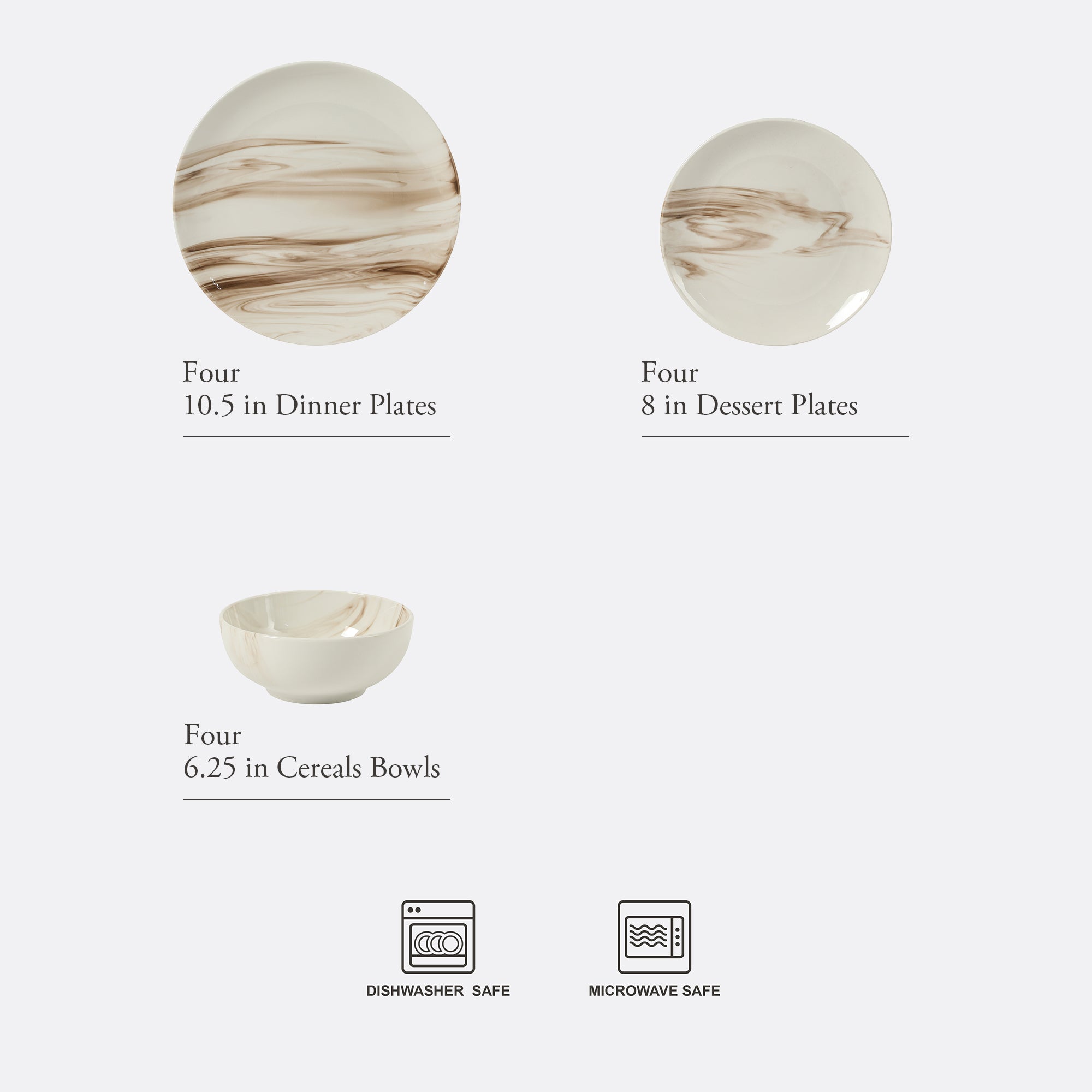 Gibson Home Cloudlight 12 Piece Plates and Bowls Dishes Brown and White - Decorated Porcelain Ceramic Dinnerware Set - Service for 4