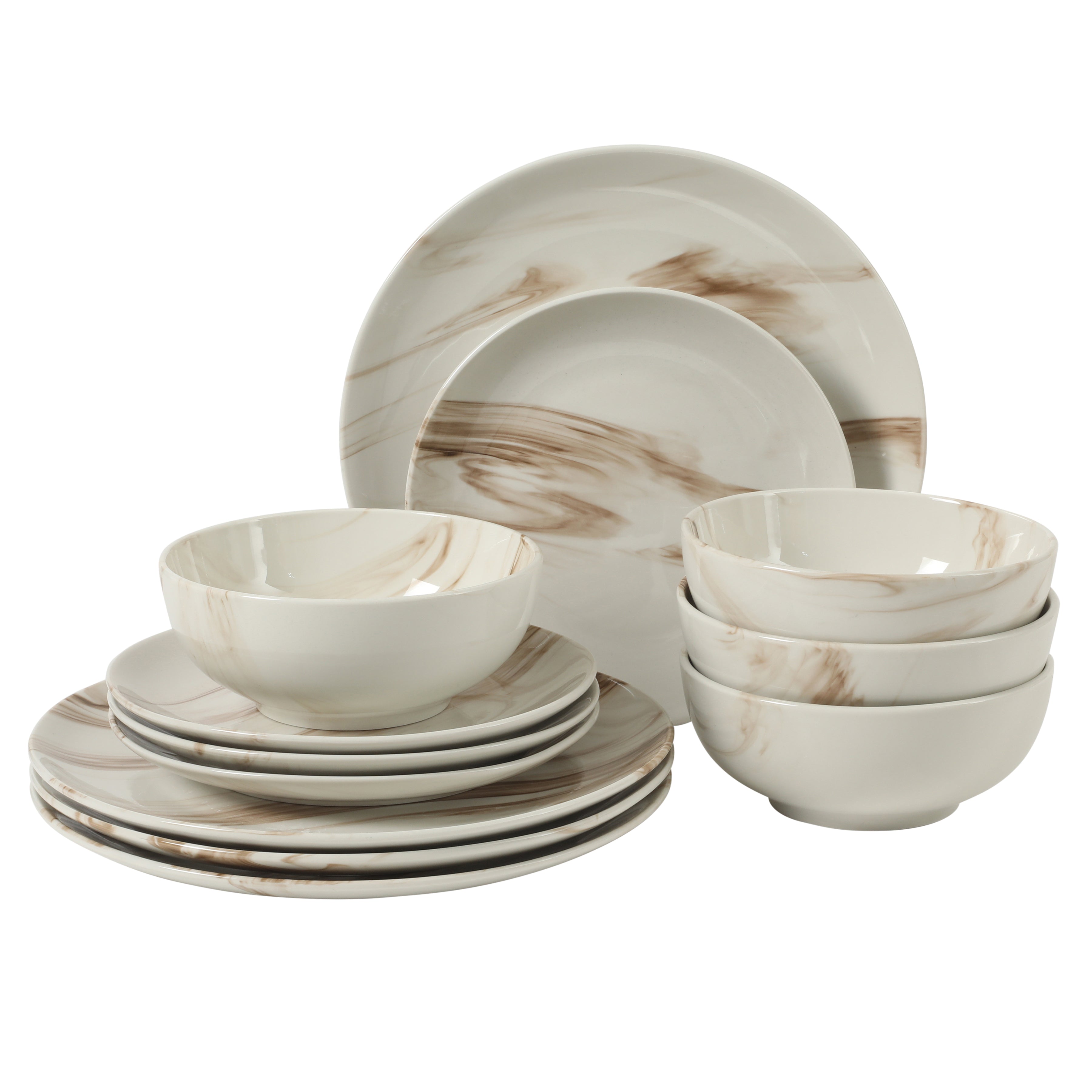 Gibson Home Cloudlight 12 Piece Plates and Bowls Dishes Brown and White - Decorated Porcelain Ceramic Dinnerware Set - Service for 4