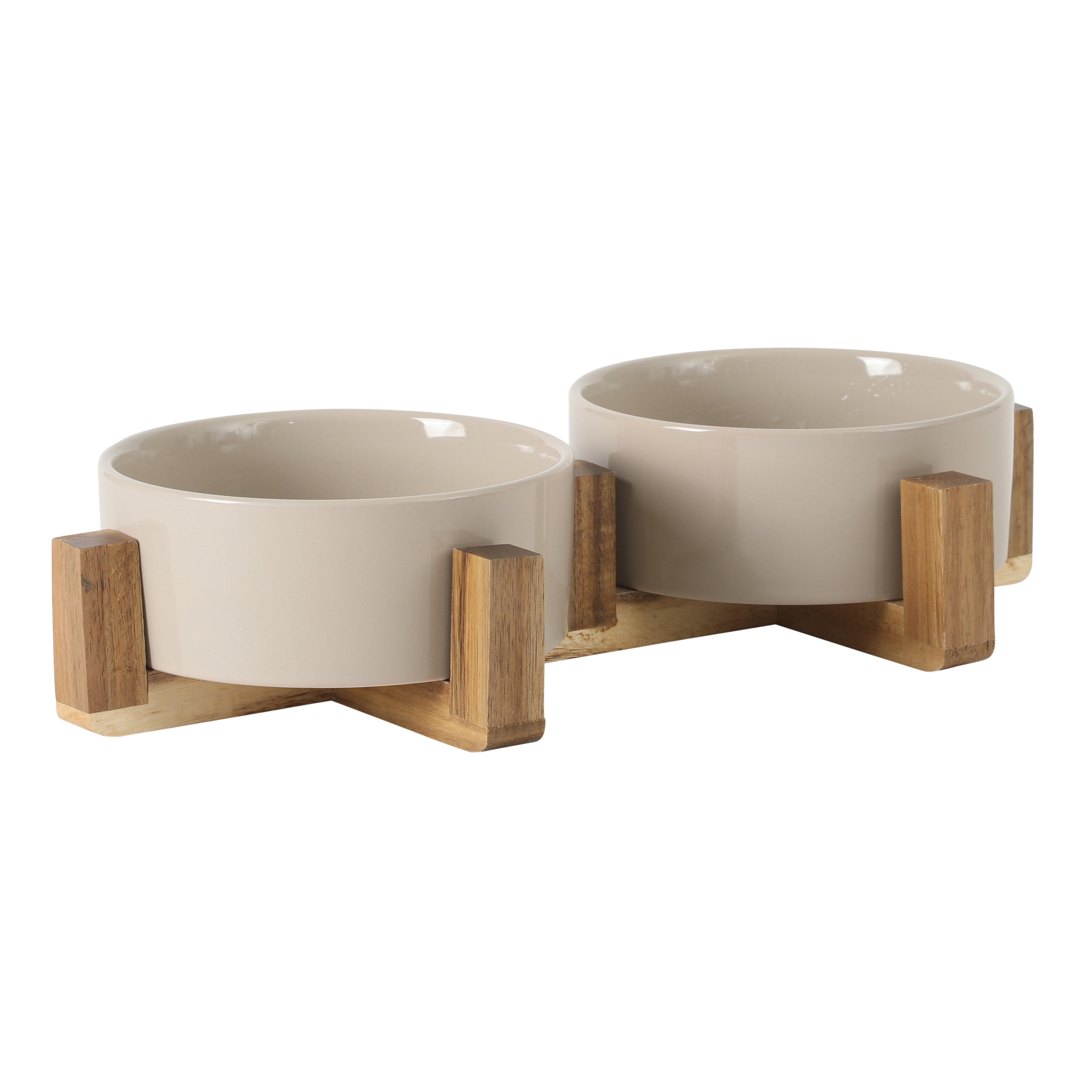 Gibson Home Zoomie Bites Ceramic Dog and Cat Bowl with Acacia Wood Stand Non-Slip Matte Glaze Weighted Food Water Set for Cats & Small/Medium Sized Dogs, 5.5" Bowls
