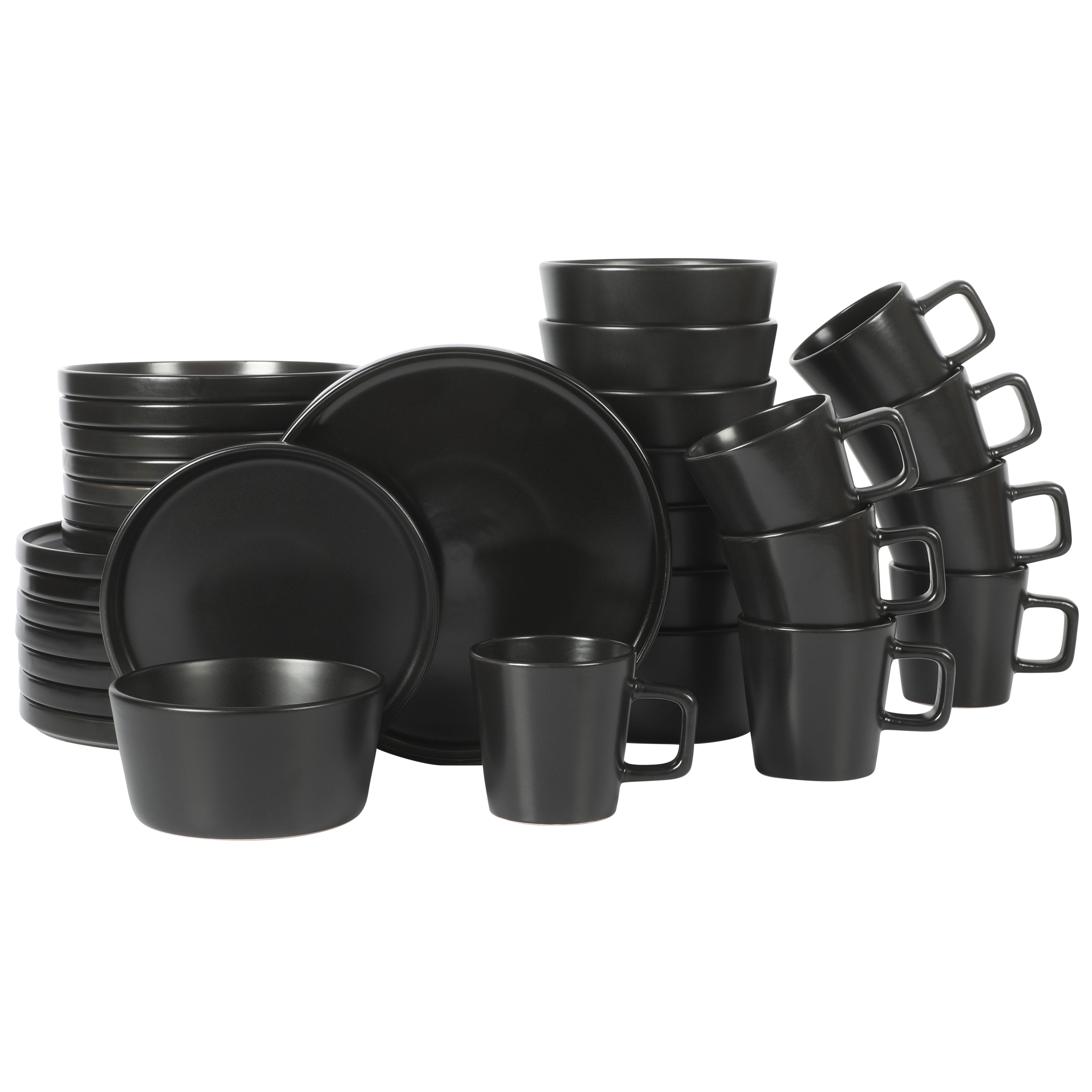 Gibson Soho Lounge Bowery 32 Piece Matte Black Stoneware Dinnerware Plates, Bowls, and Mugs Set - Service for 8