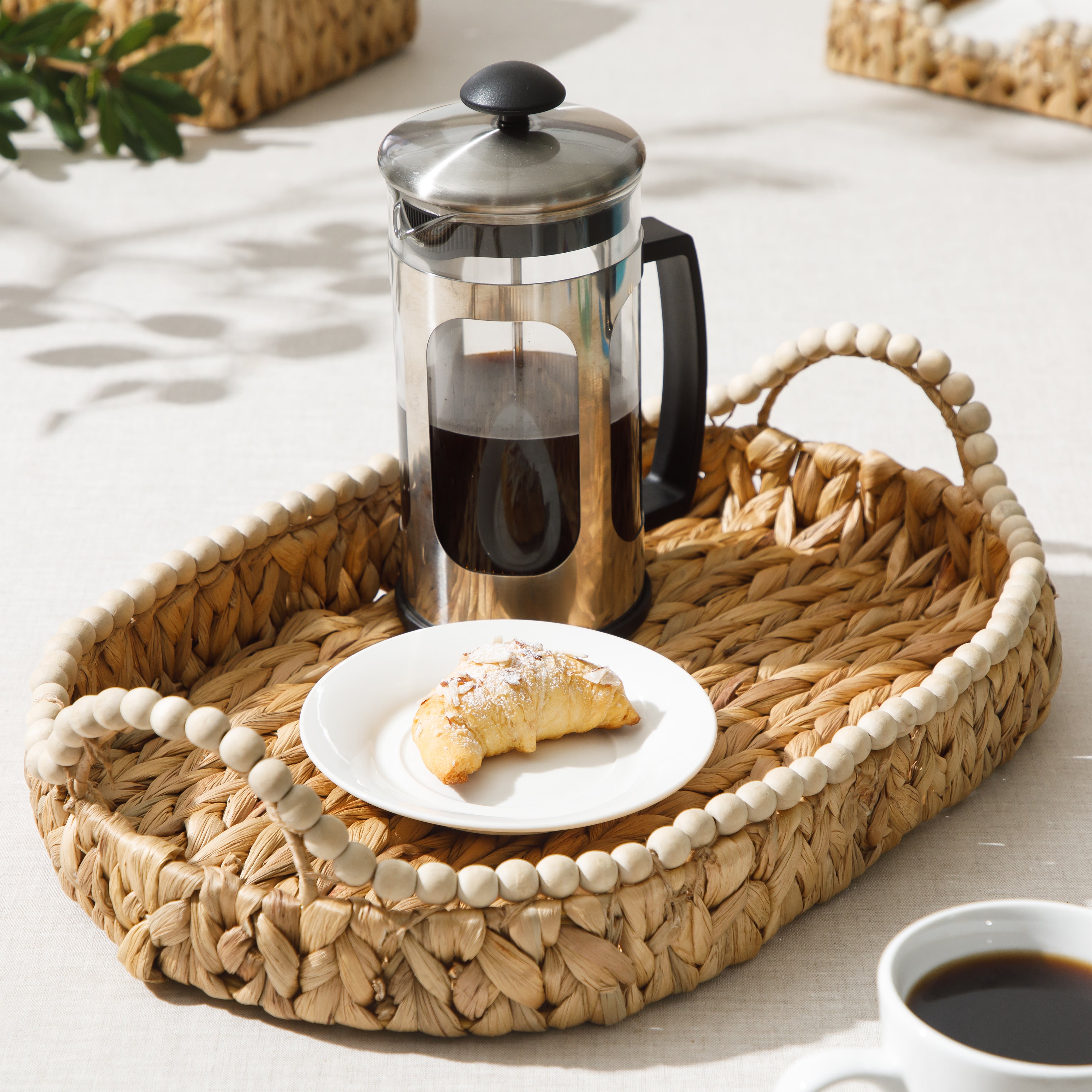 Gibson Home Riverrun Grove 17" Woven Decorative Serving Tray – Large Natural Water Hyacinth Basket w/ Wood-Bead Trim & Handles for Coffee Table Décor, Ottomans, Centerpieces & Kitchen Counter Display