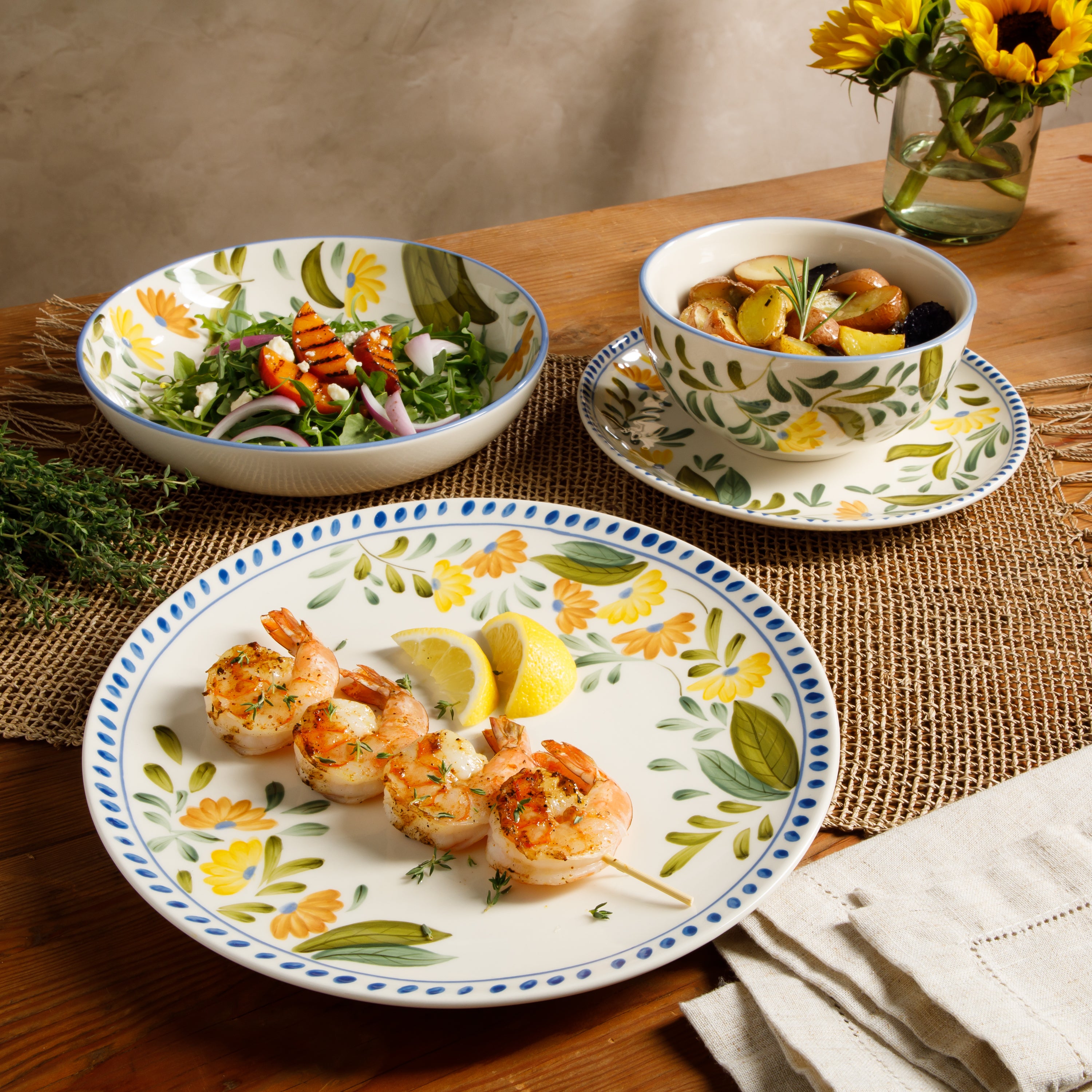 Bloomhouse Posy Blossom 16 Piece Double Bowl Hand Painted Stoneware Plates and Bowls Floral Dinnerware Set