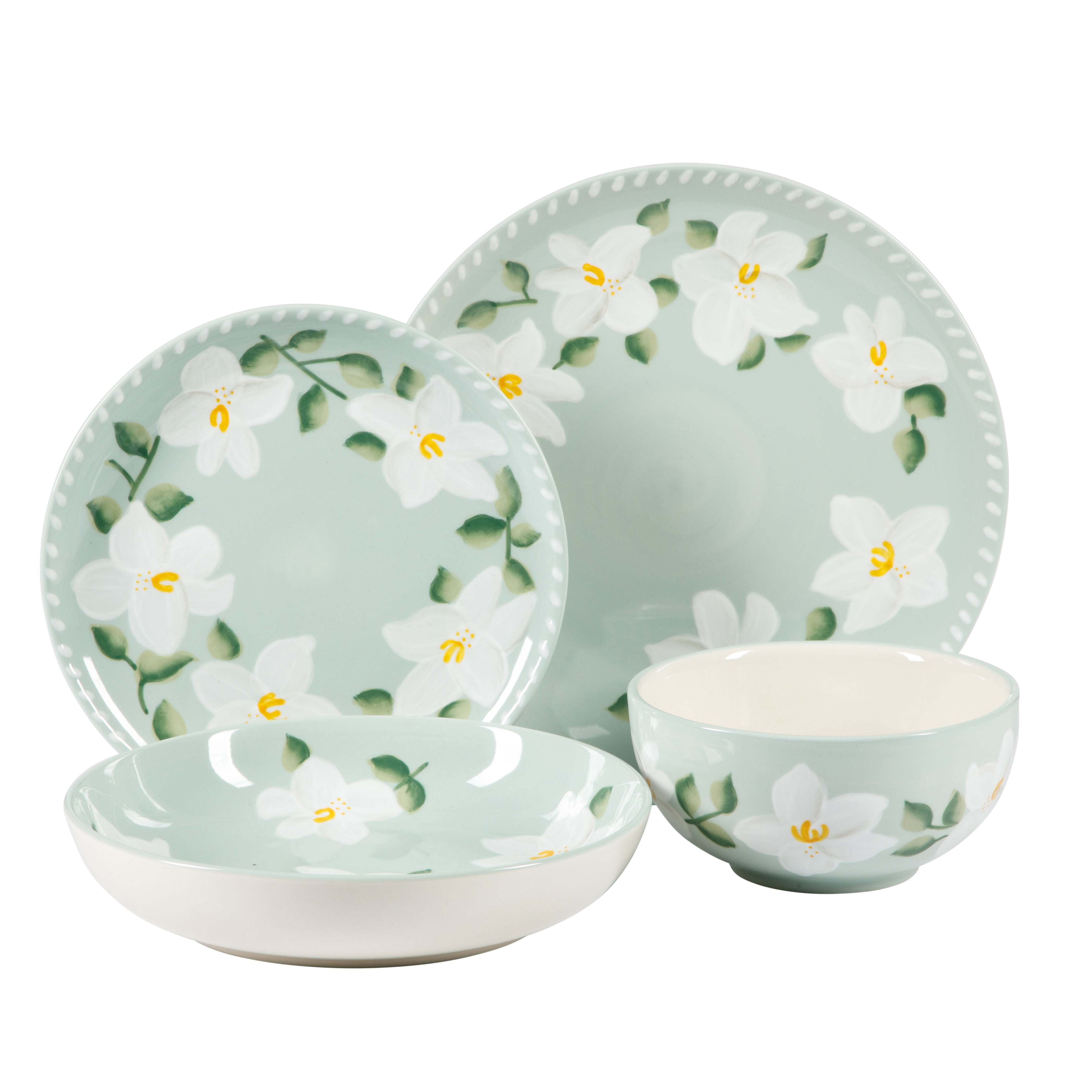 Bloomhouse Magnolia Bloom 16 Piece Double Bowl Hand Painted Stoneware Plates and Bowls Floral Dinnerware Set