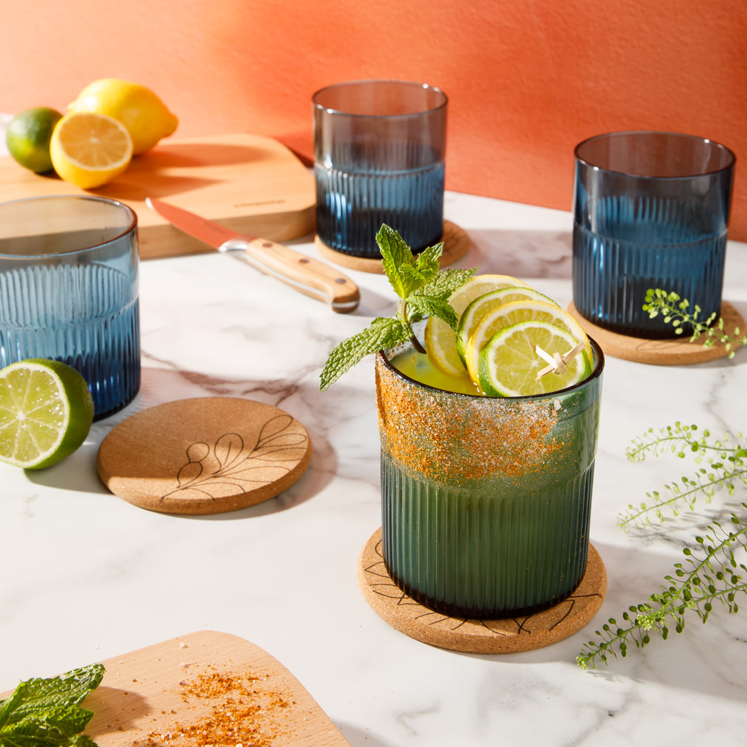Bloomhouse Lyon Sky 8 Piece Hand Made 16 OZ Colored Glass Double Old Fashioned Set w/ Coasters