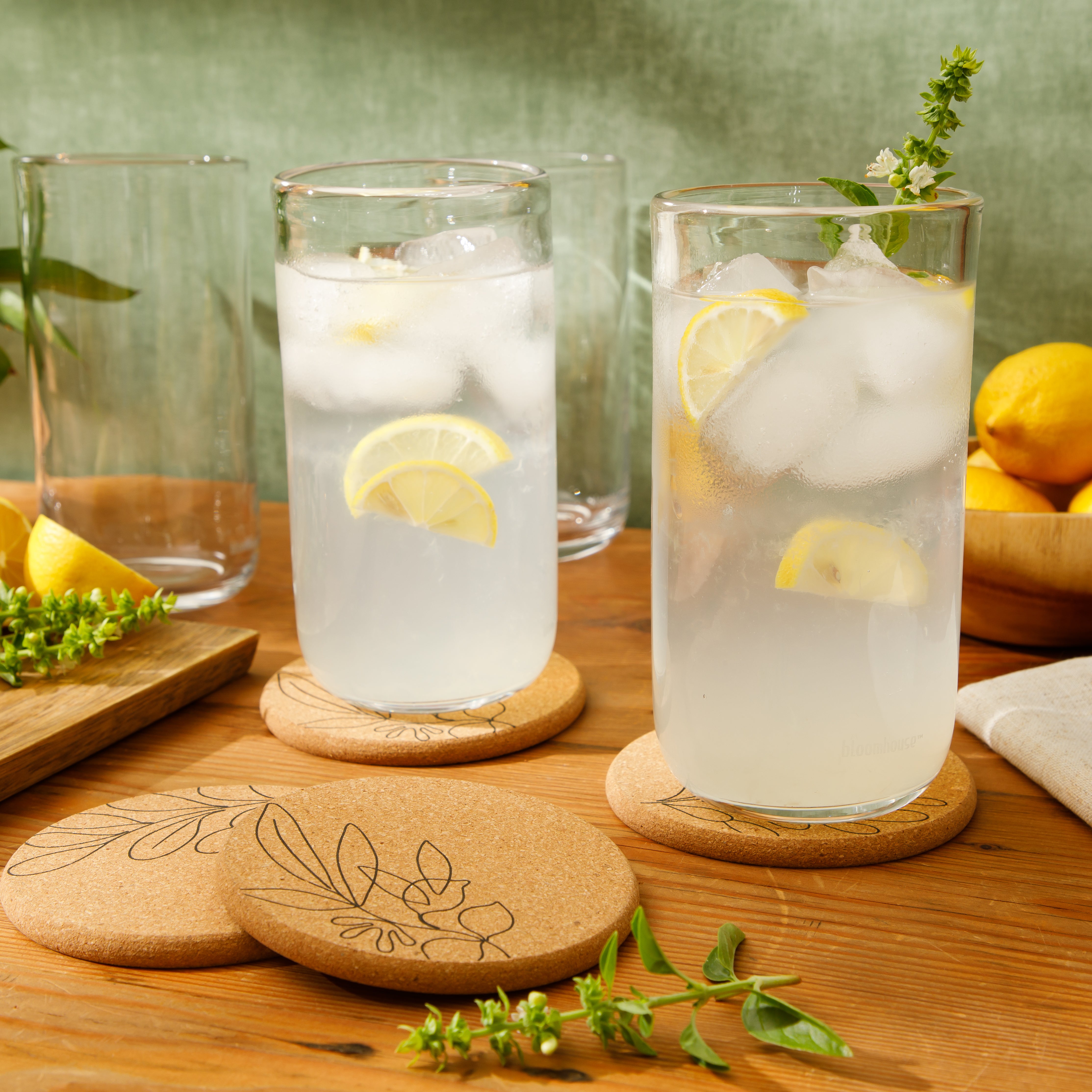 Bloomhouse Sayulita Spring 8 Piece Hand Made 21 OZ Jadeite Clear Glass Tumbler Set W/ Coasters