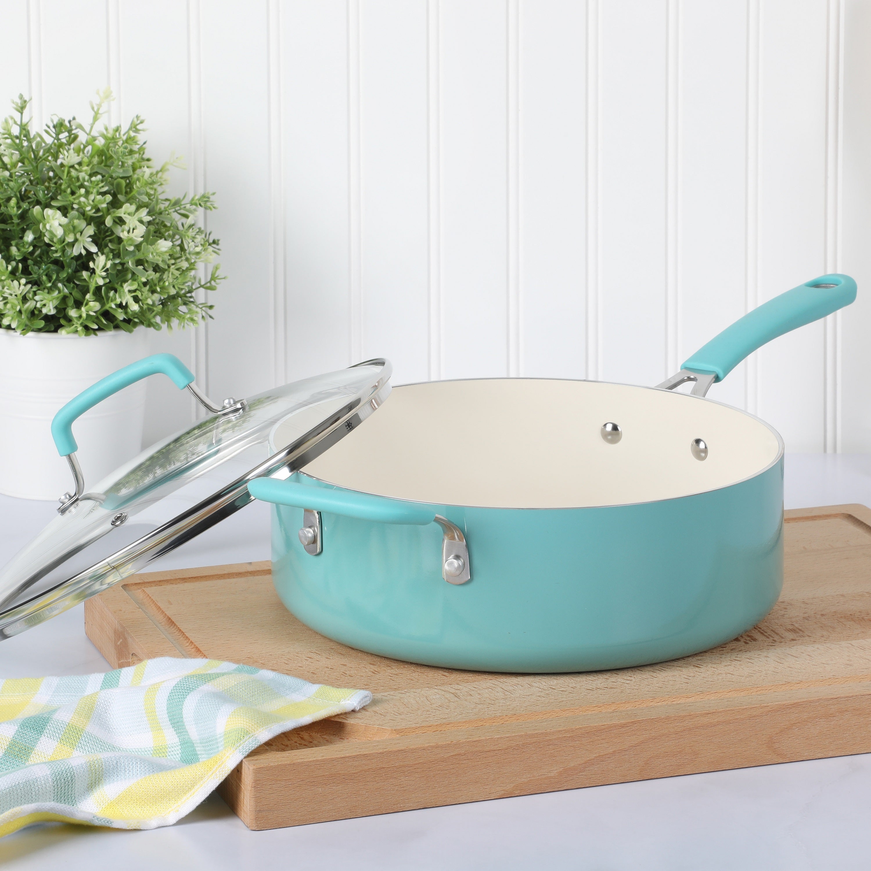 Martha Stewart Everyday Charlemont Teal 4.5-Quart Enamel Aluminum Saute Pan with Lid