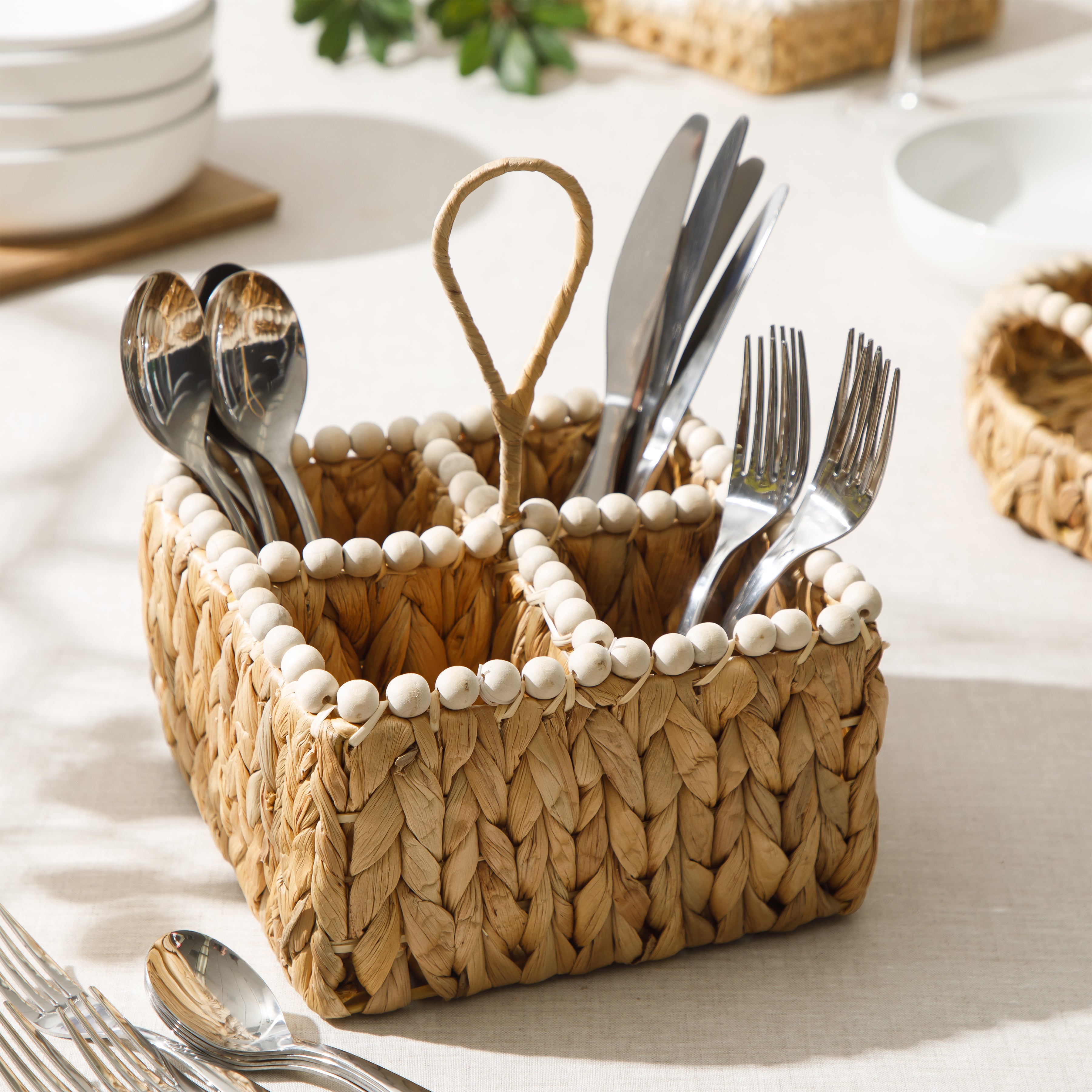 Gibson Home Riverrun Grove Woven Utensil Caddy with 4 Compartments, Natural Hand-Braided Water Hyacinth Basket with Wood-Bead Trim for Napkins, Cutlery, Condiments & Tabletop Storage