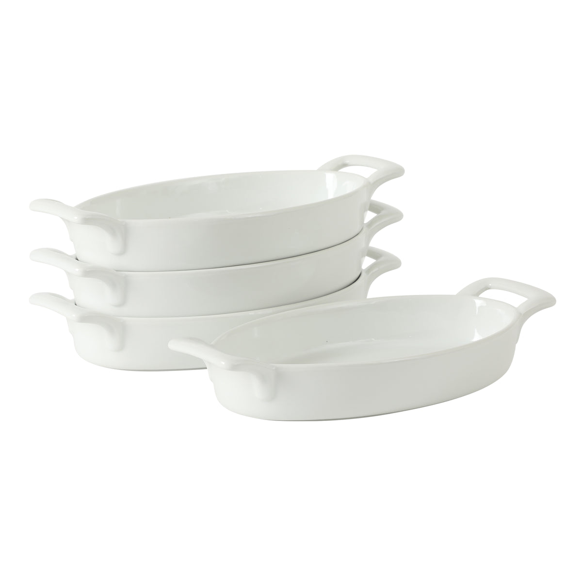 Gibson Home Gracious Dining 4-piece oval au gratin baking dish set, white ceramic small casserole dishes with tab handles on each end
