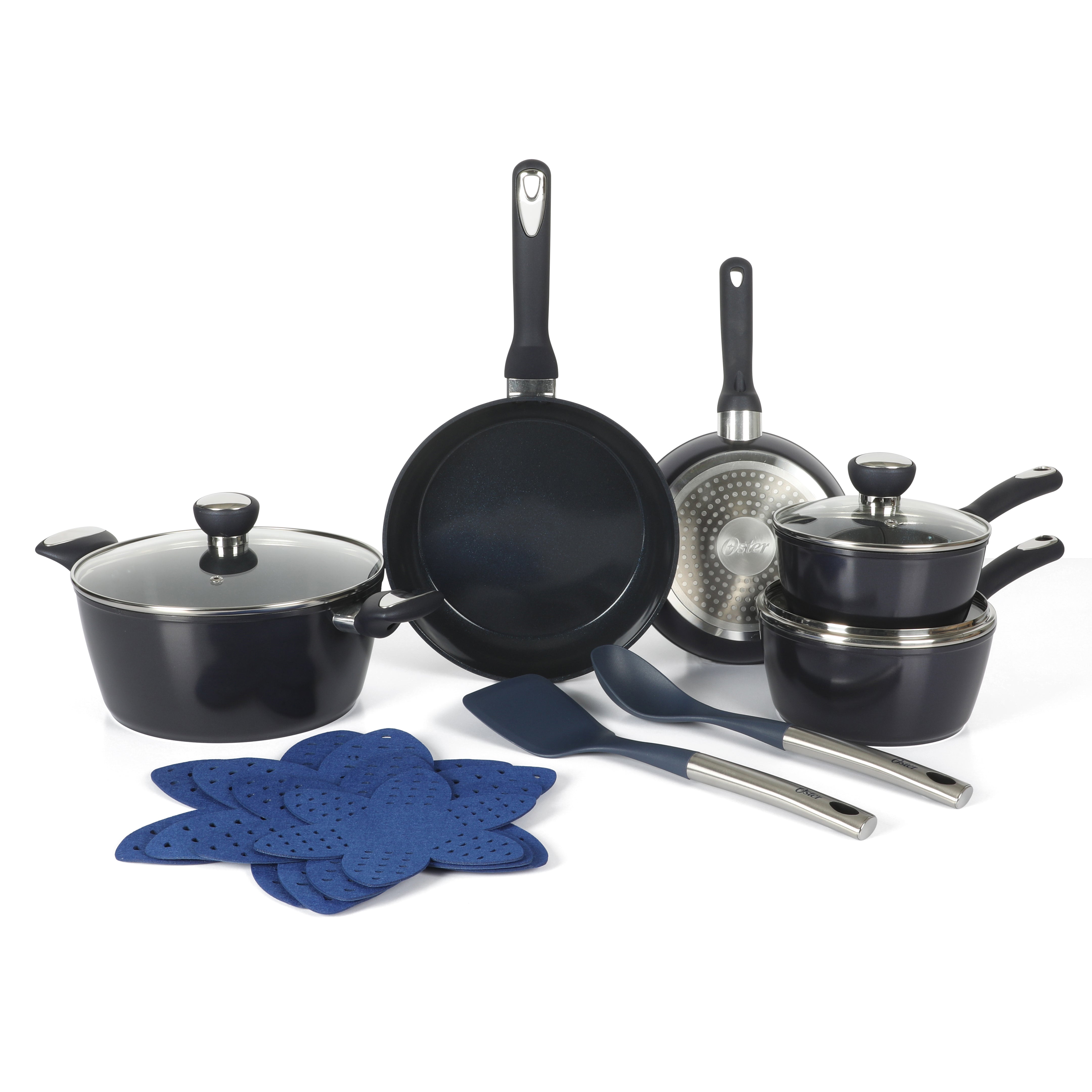 Oster Hawke 14 Piece Aluminum Premium PFA Free Ceramic Nonstick Blue Saphirre Pots and Pans Cookware Set W/ Induction Base
