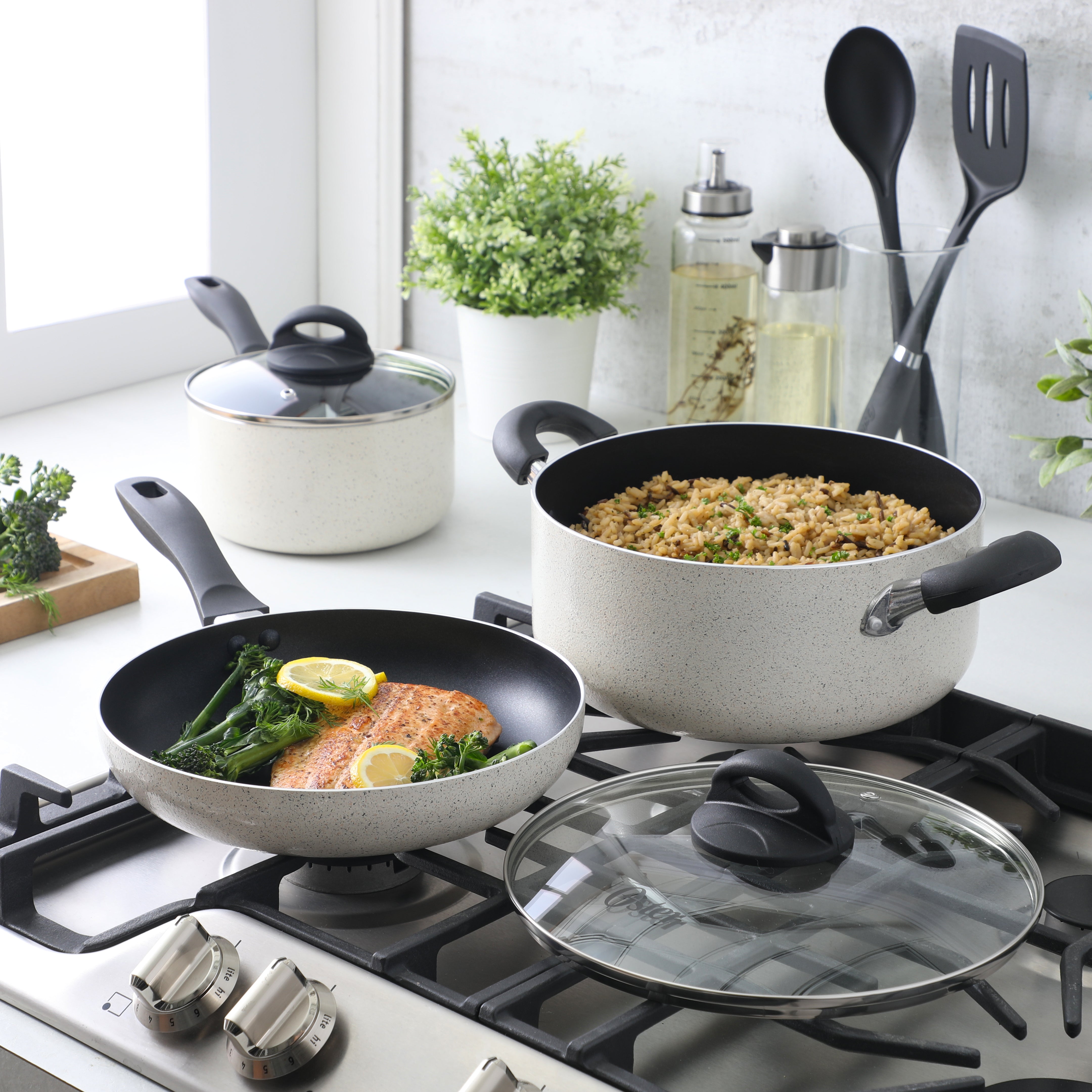Oster Clairborne 7-Piece Aluminum Premium Nonstick Pots and Pans Cookware Set w/ Induction & Bakelite Stay Cool Handle - White w/ Speckle