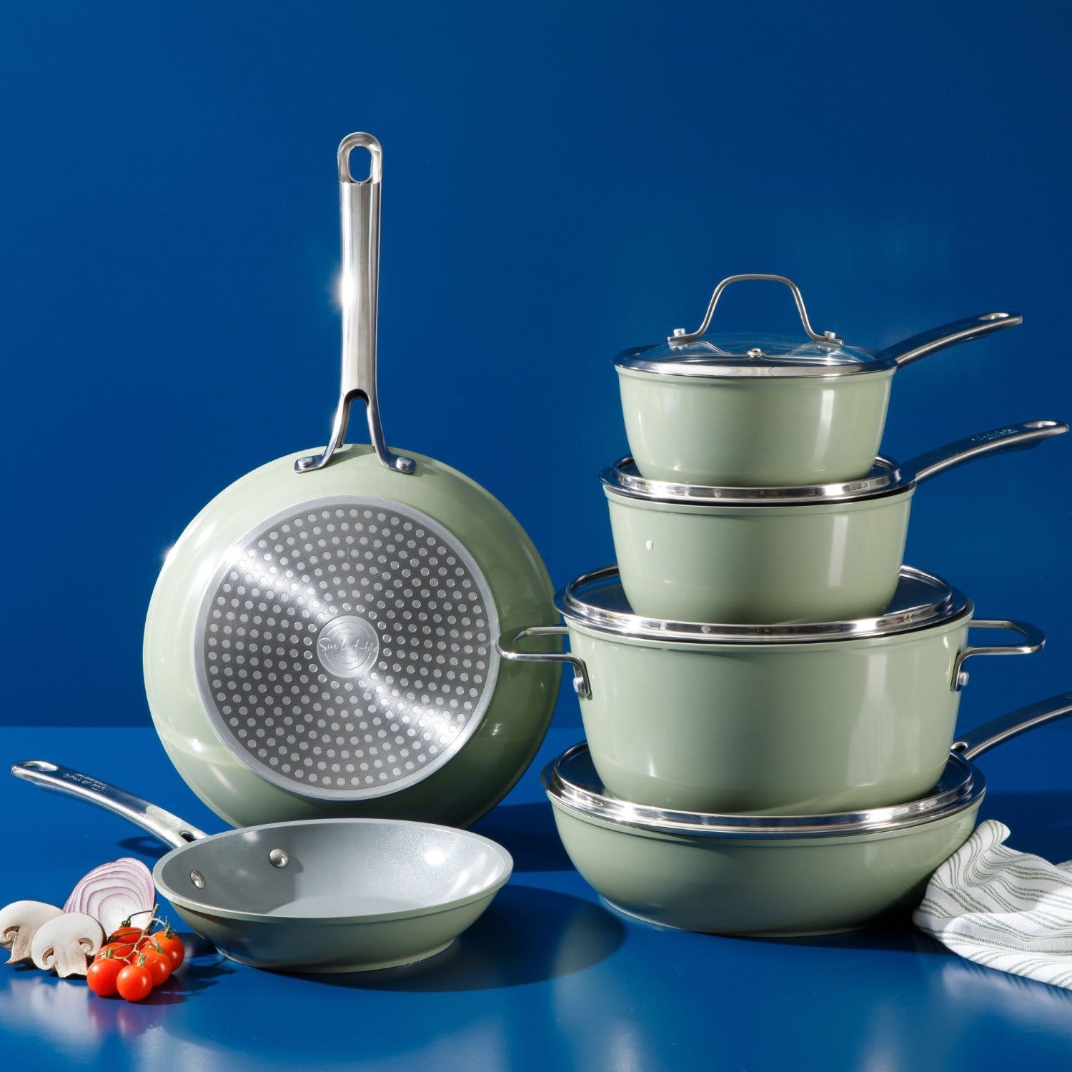 Sur La Table Kitchen Essentials 10-Piece PFA Free Titanium Ceramic Nonstick Interior Forged Aluminum Cookware Pots and Pans Set - Induction Compatible