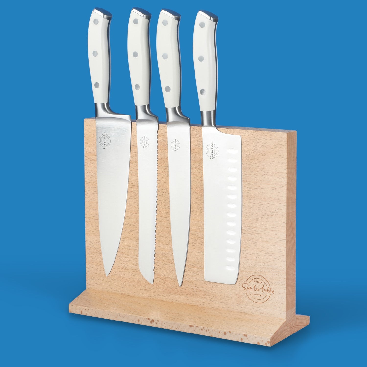 Sur La Table Kitchen Essentials 5-Piece German Steel Blade With Triple Riveted Handle Set on Beechwood Magnetic Block